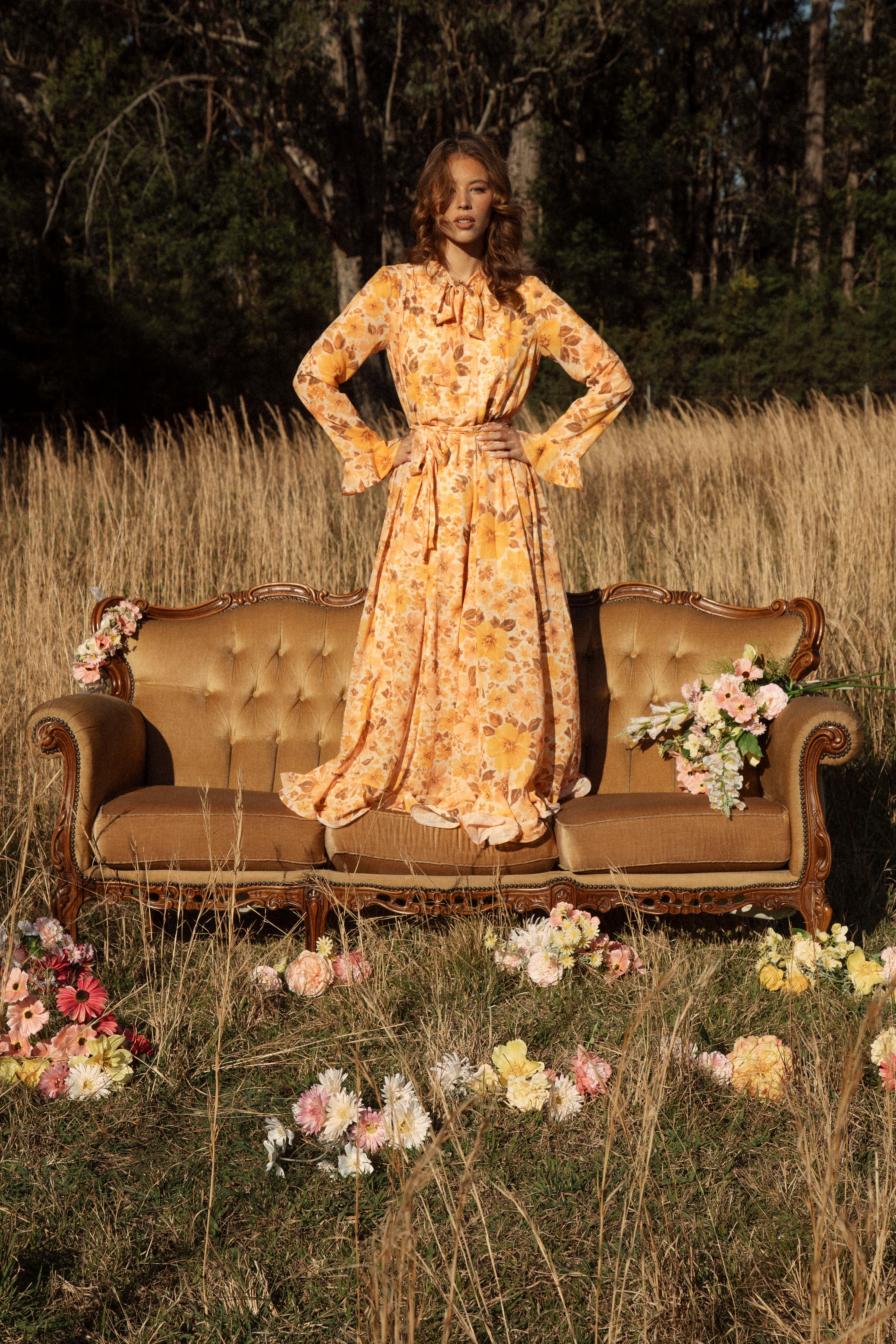 Clementine Maxi Dress - features long sleeves, tie neck, tie waist and maxi length