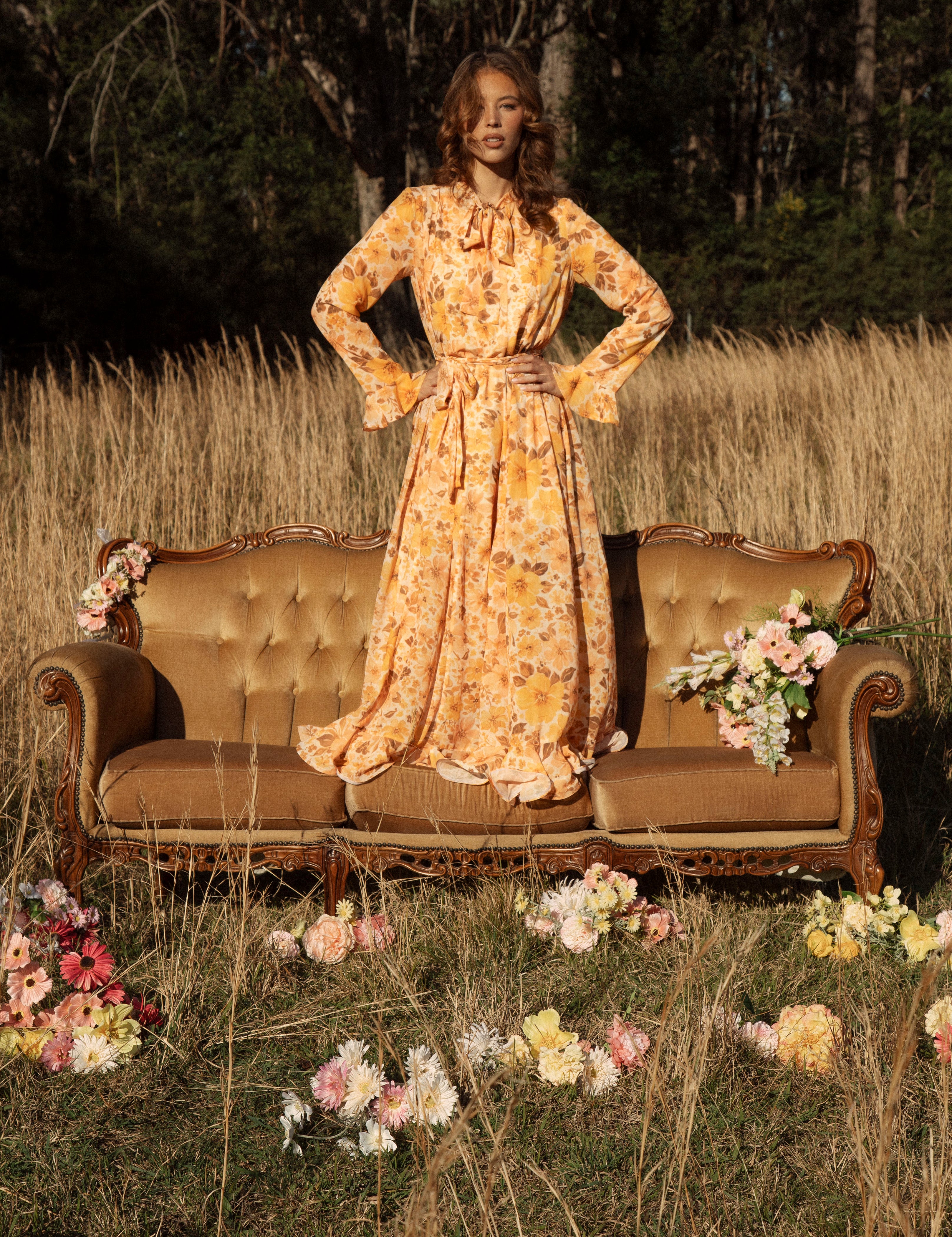Clementine Maxi Dress - features long sleeves, tie neck, tie waist and maxi length