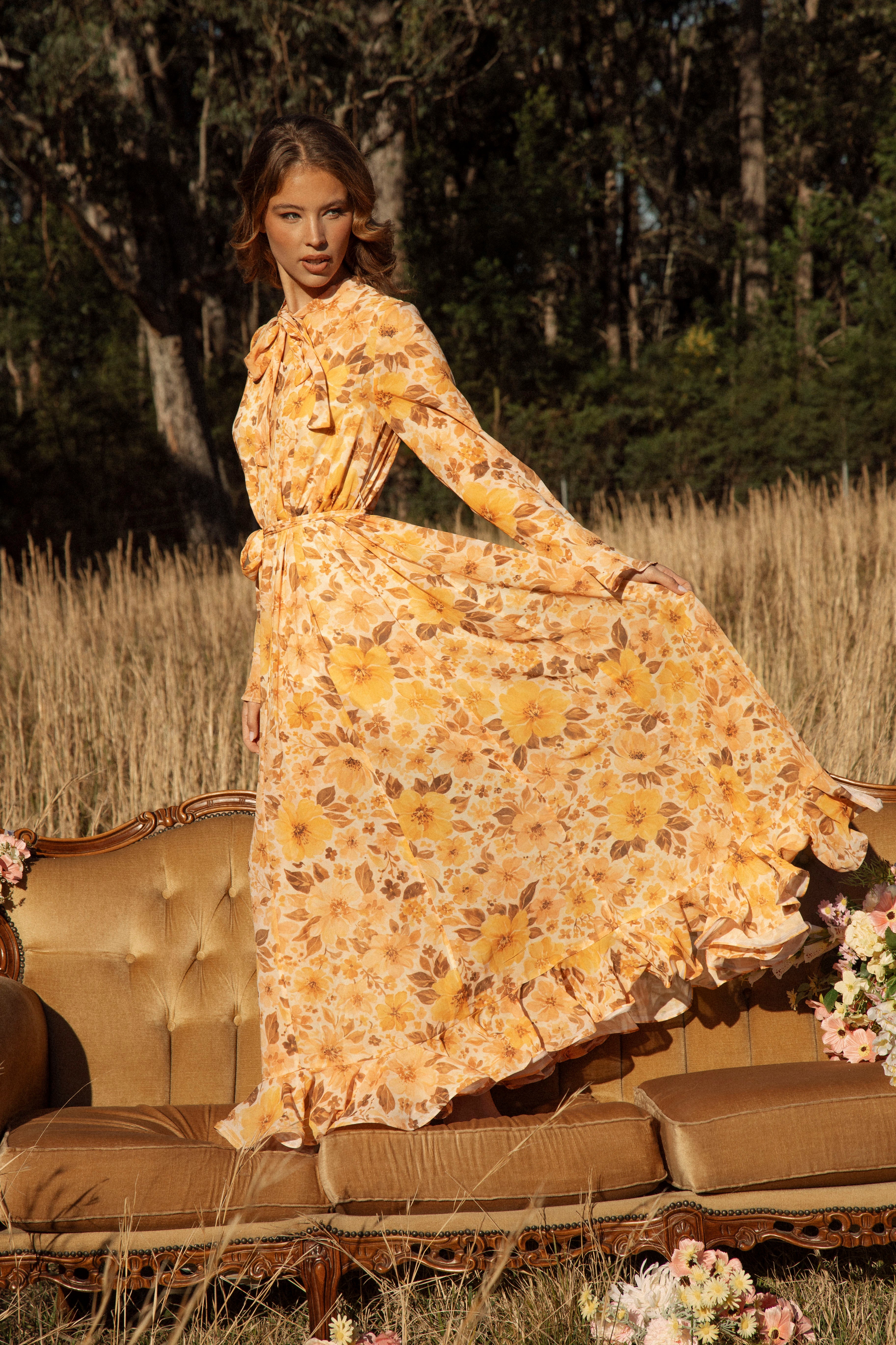 Clementine Maxi Dress - showcasing full maxi skirt, tie at neck and tie at waist
