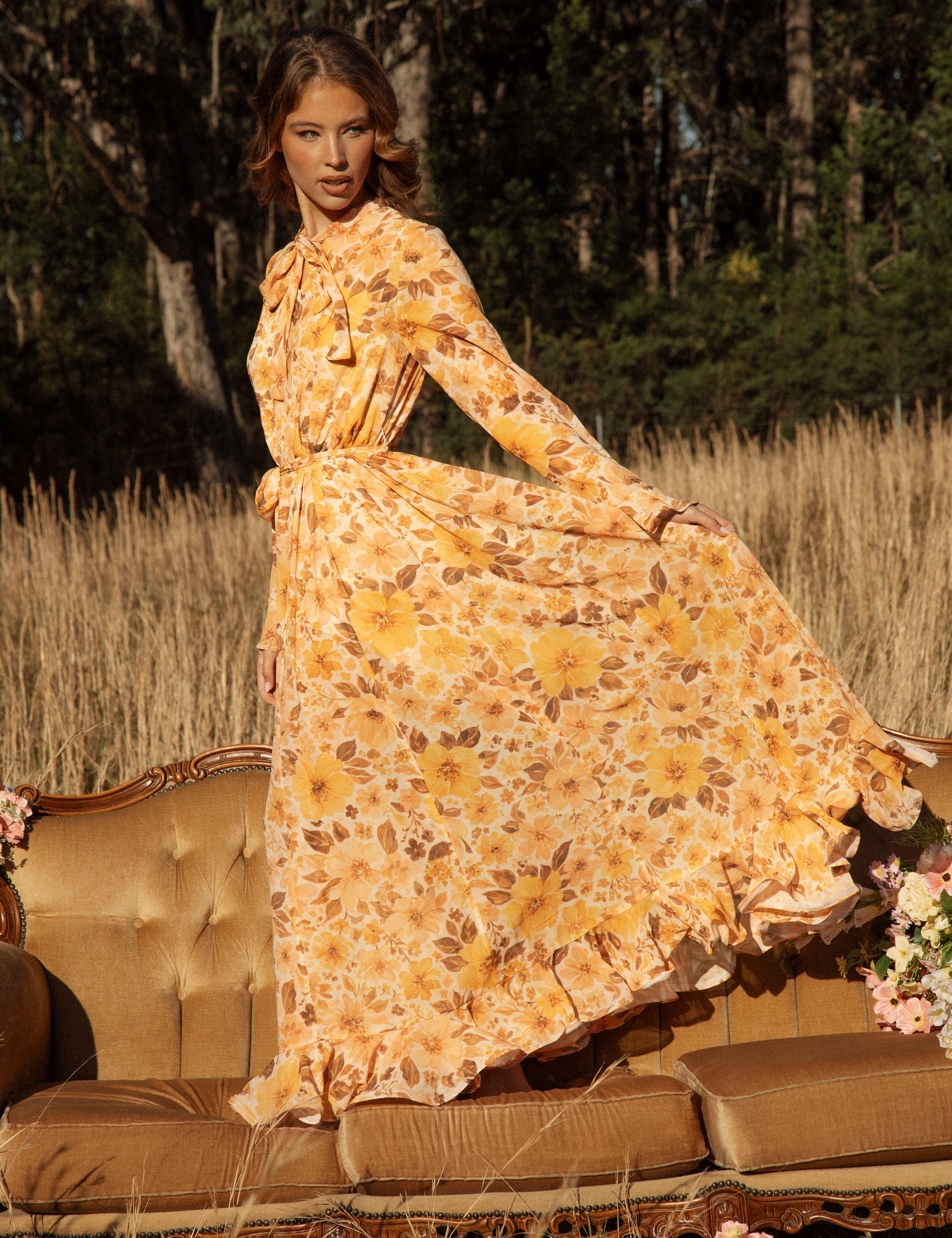 Clementine Maxi Dress - showcasing full maxi skirt, tie at neck and tie at waist