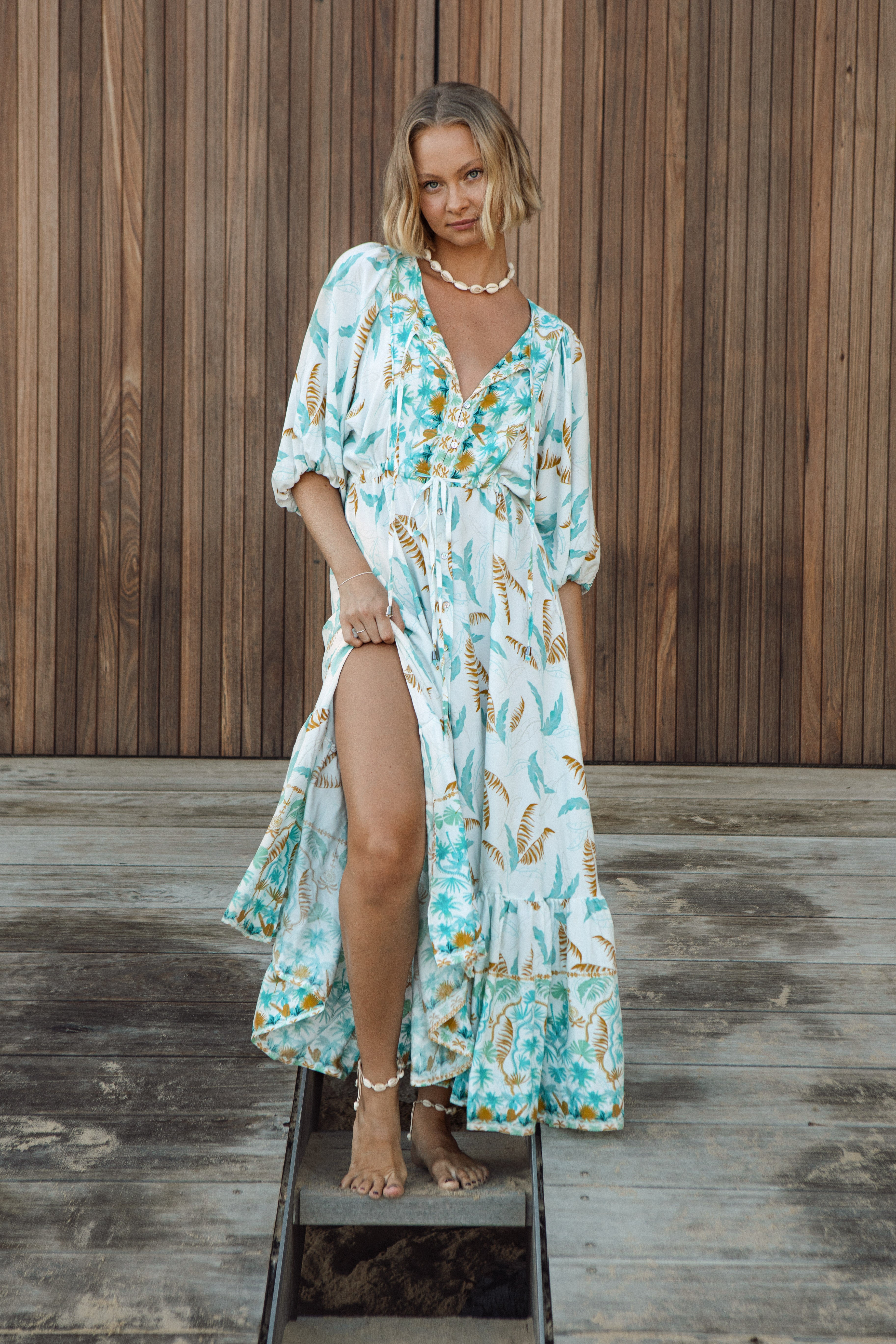 Cleo Maxi Dress Island Breeze showcasing drawstring waist and generous fit