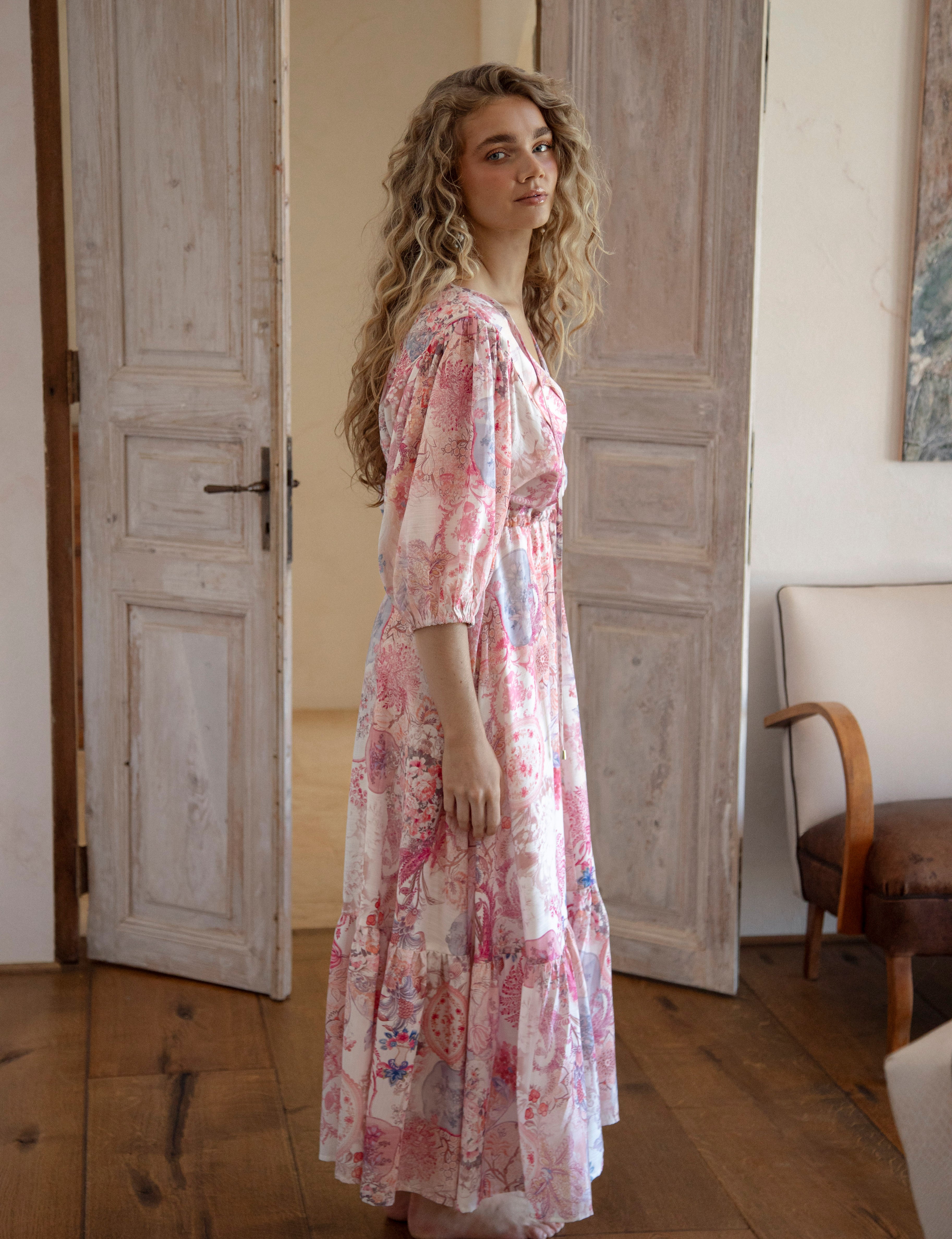 Cleo Maxi Dress Posie - side view showcasing billowy 3/4 sleeves and boho print