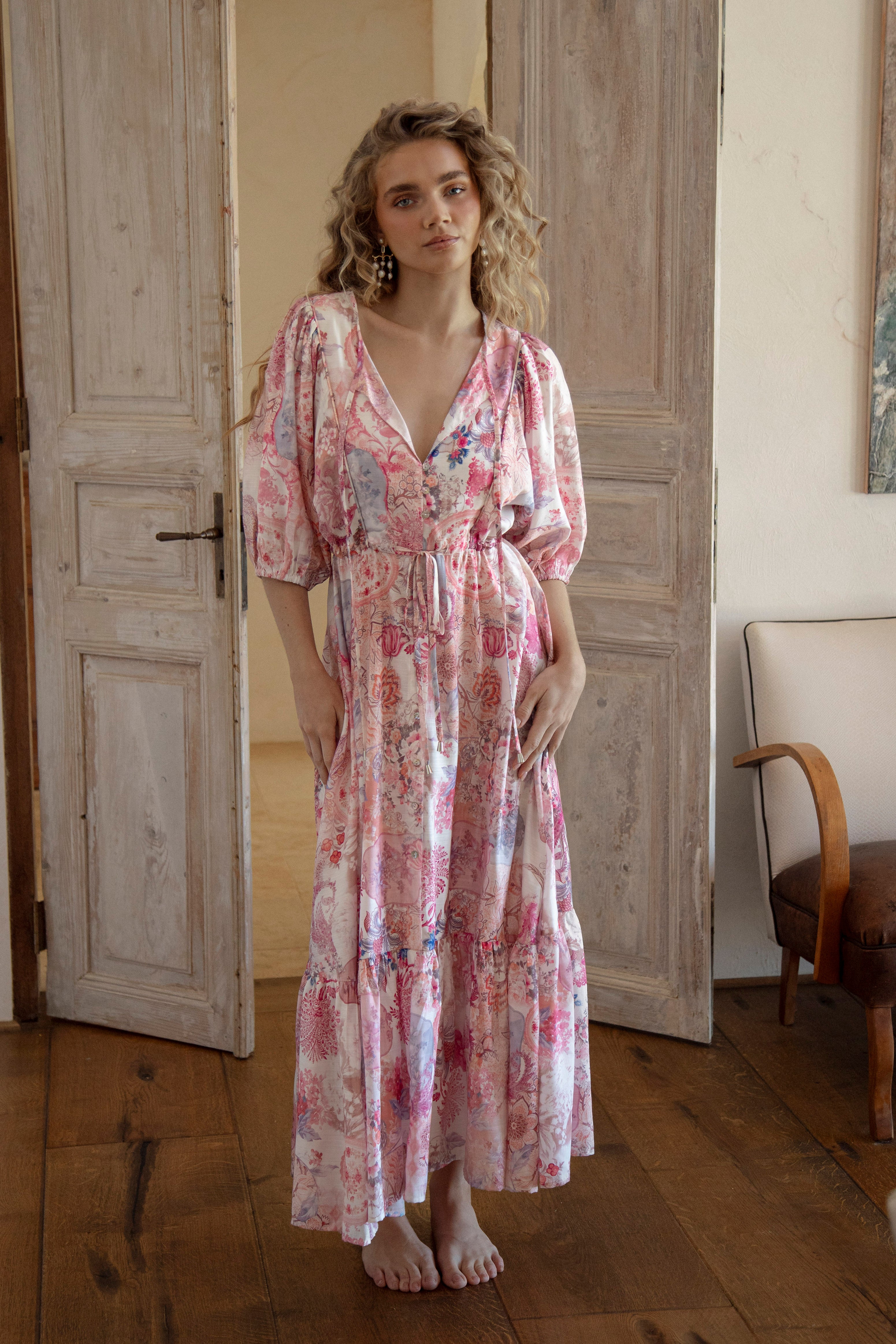 Cleo Maxi Dress Posie - boho style tiered maxi dress with drawstring waist and delicate floral pattern in shades of pink