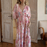 Cleo Maxi Dress Posie - boho style tiered maxi dress with drawstring waist and delicate floral pattern in shades of pink