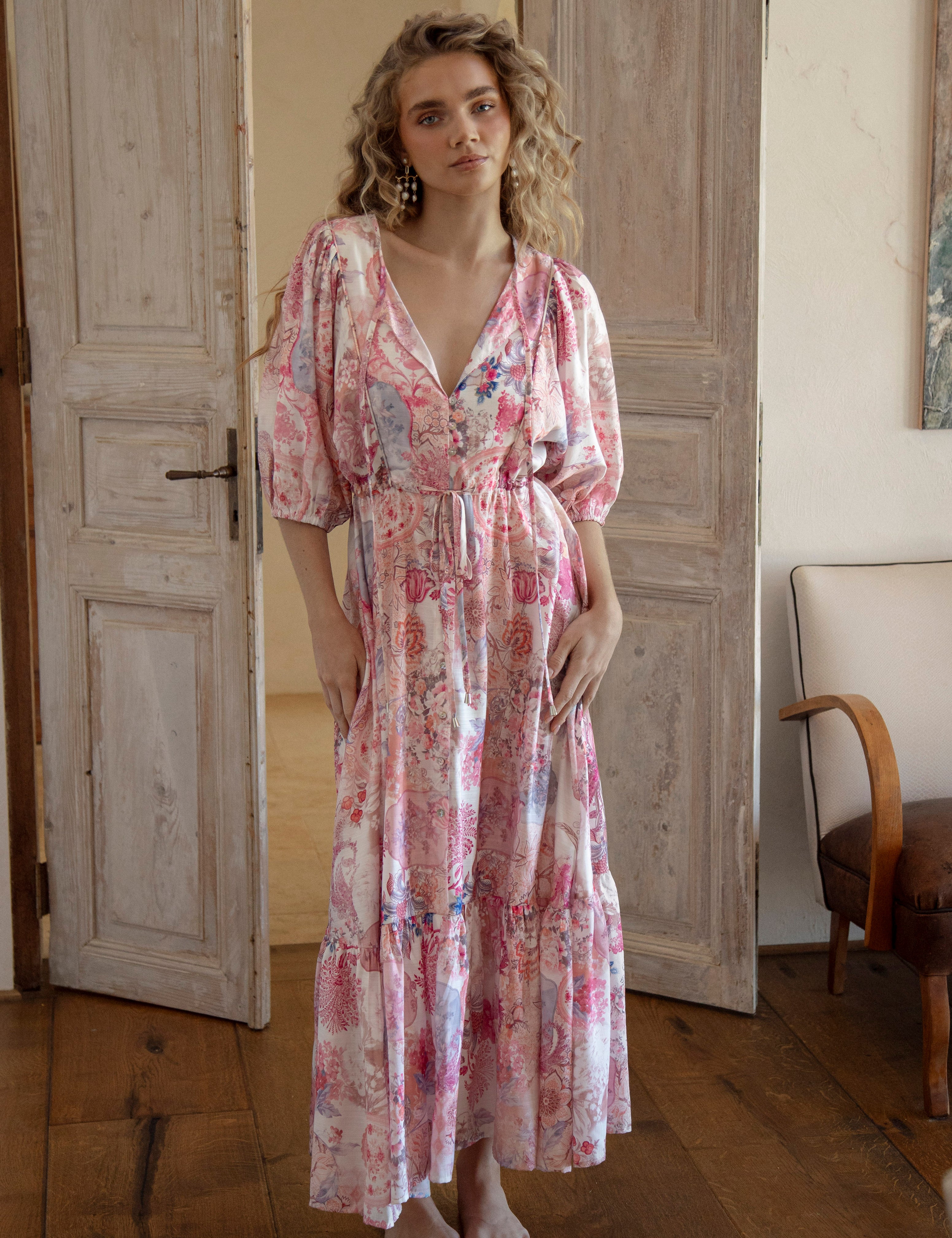 Cleo Maxi Dress Posie - boho style tiered maxi dress with drawstring waist and delicate floral pattern in shades of pink