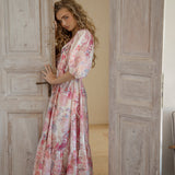 Cleo Maxi Dress Posie - Boho style maxi dress with tiered skirt and button down style.
