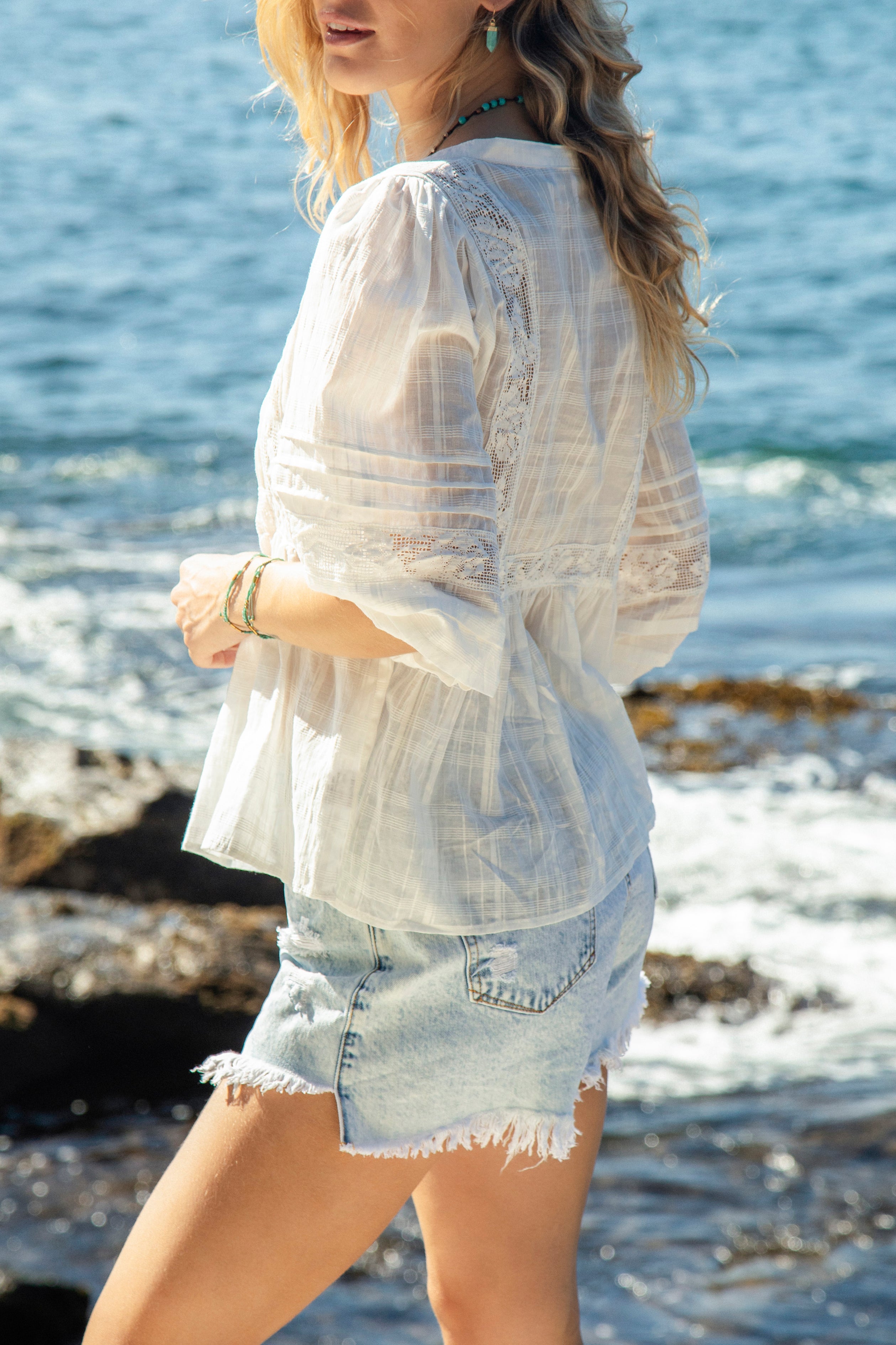 Coastal Glow Blouse features Boho style and lace details
