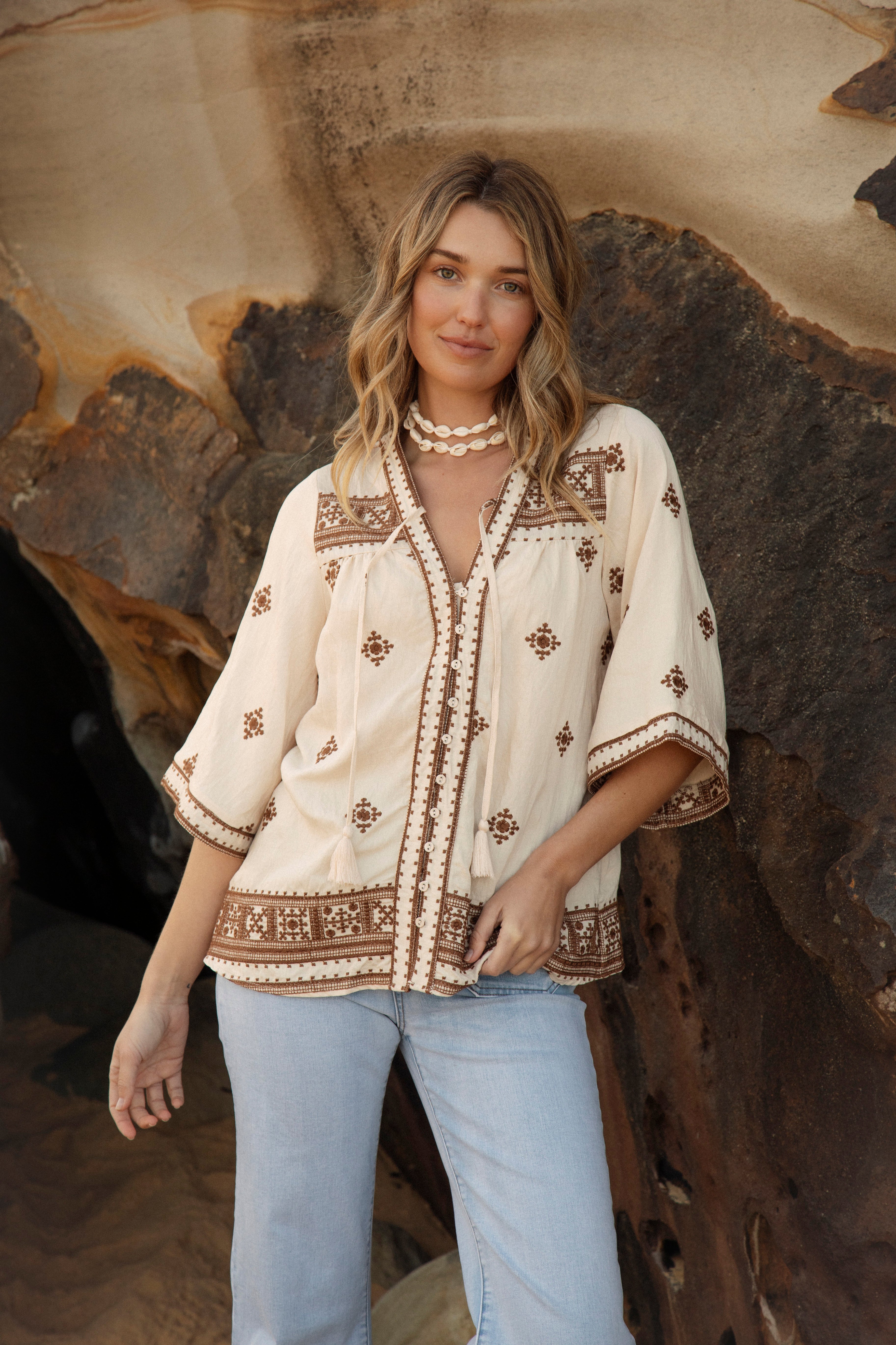 Coco Blouse - earthy toned blouse featuring Boho style embroidered pattern