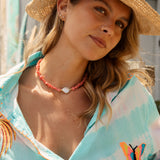 Cora Freshwater Pearl Choker features coral coloured glass beads and statement freshwater pearl