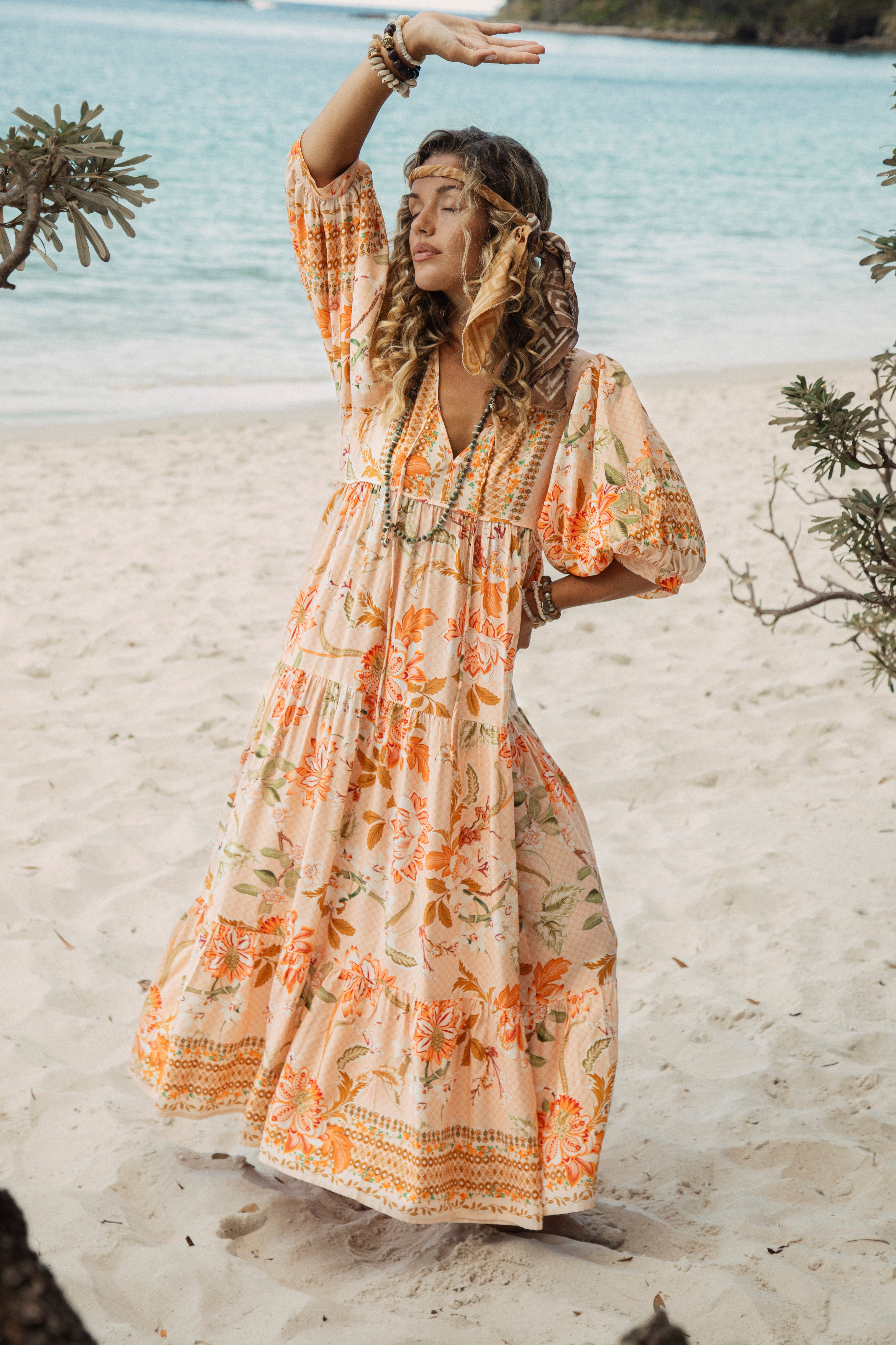 Coral Sands Smock Dress is a Boho style maxi dress in shades of tangerine with contrast hem