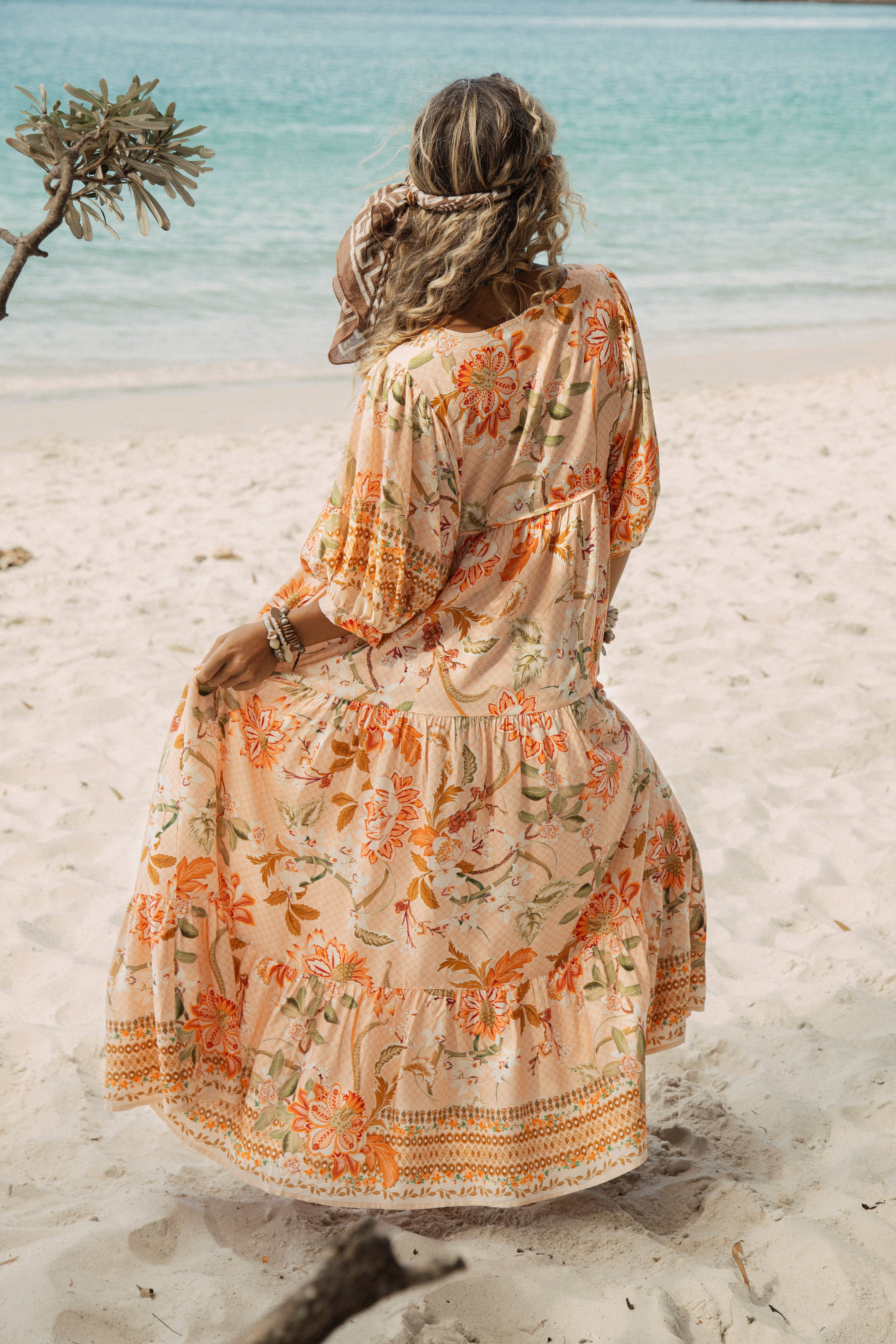Coral Sands Smock Dress Rear View showcasing maxi style and tiered skirt style
