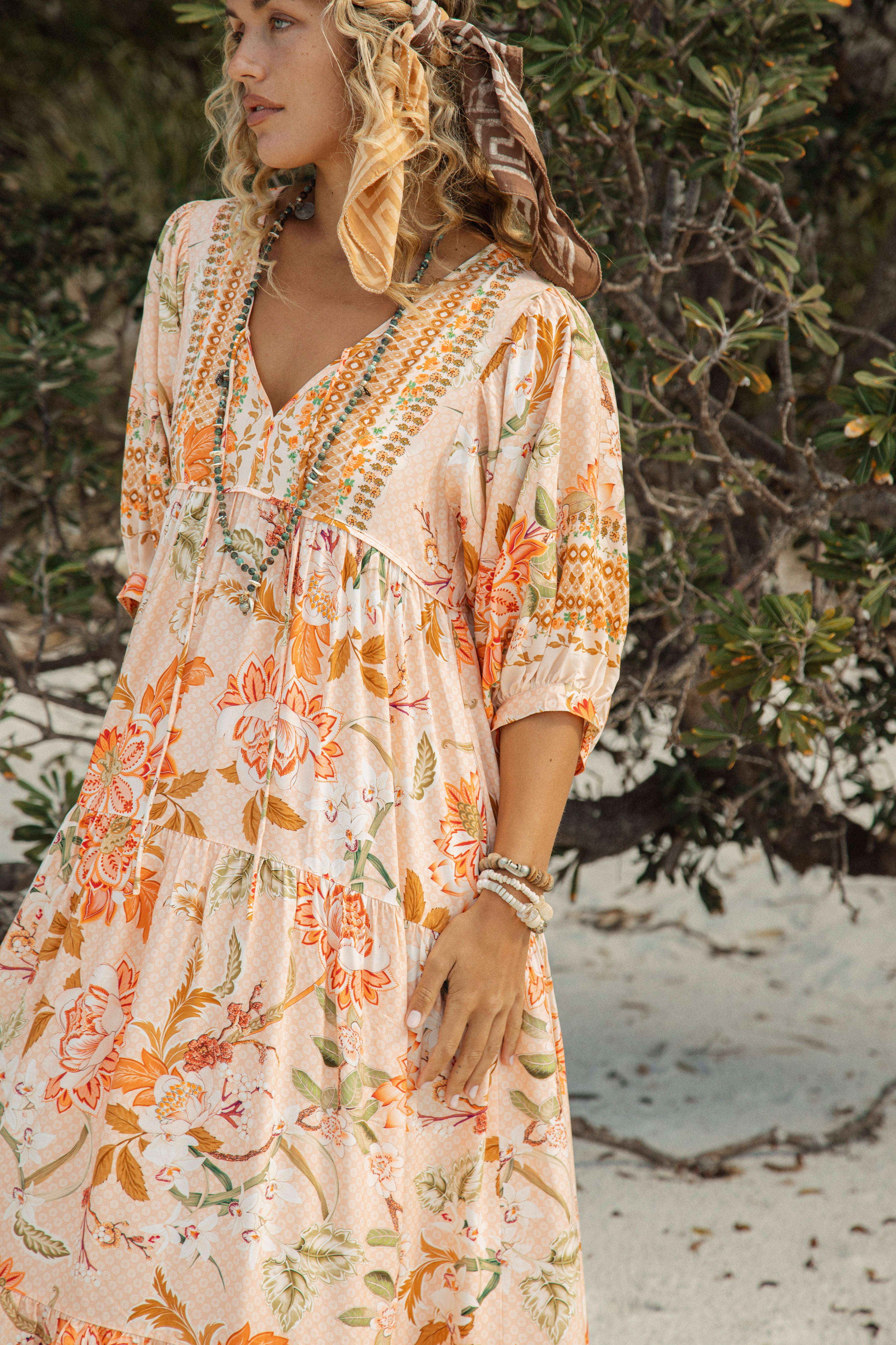 Coral Sands Smock Dress showcasing tie closure at bodice and billowy 3/4 length sleeves