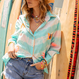Cosmo Shirt Aquamarine - button down casual striped shirt featuring fun embroidered elements and contrasting stitching at cuffs and buttons.