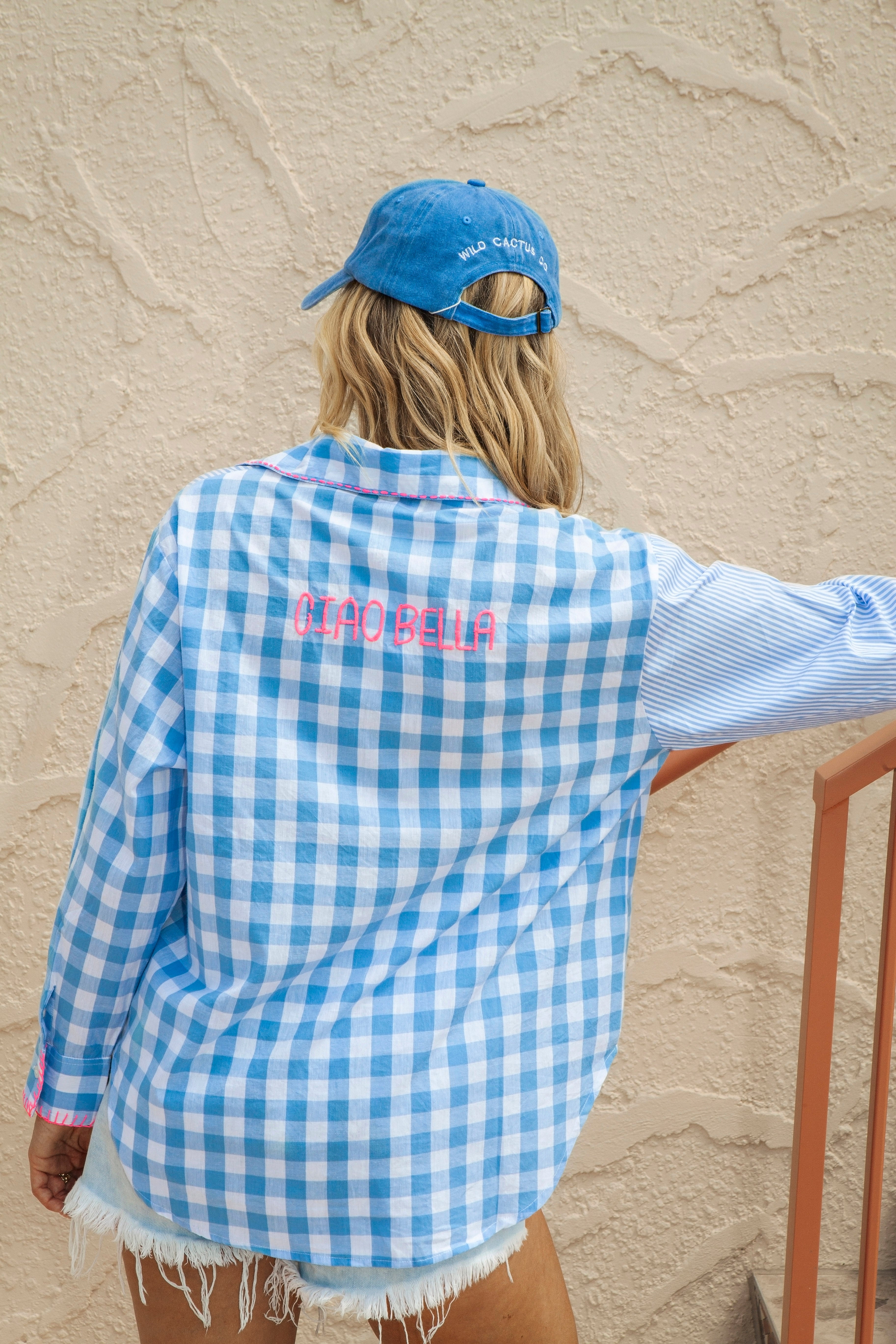 Cosmo Shirt Blue Check - Rear View with Ciao Bella embroidered in pink