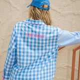 Cosmo Shirt Blue Check - Rear View with Ciao Bella embroidered in pink