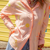Cosmo Shirt Pastel Peach in peachy pink colourway featuring neon embroidered elements