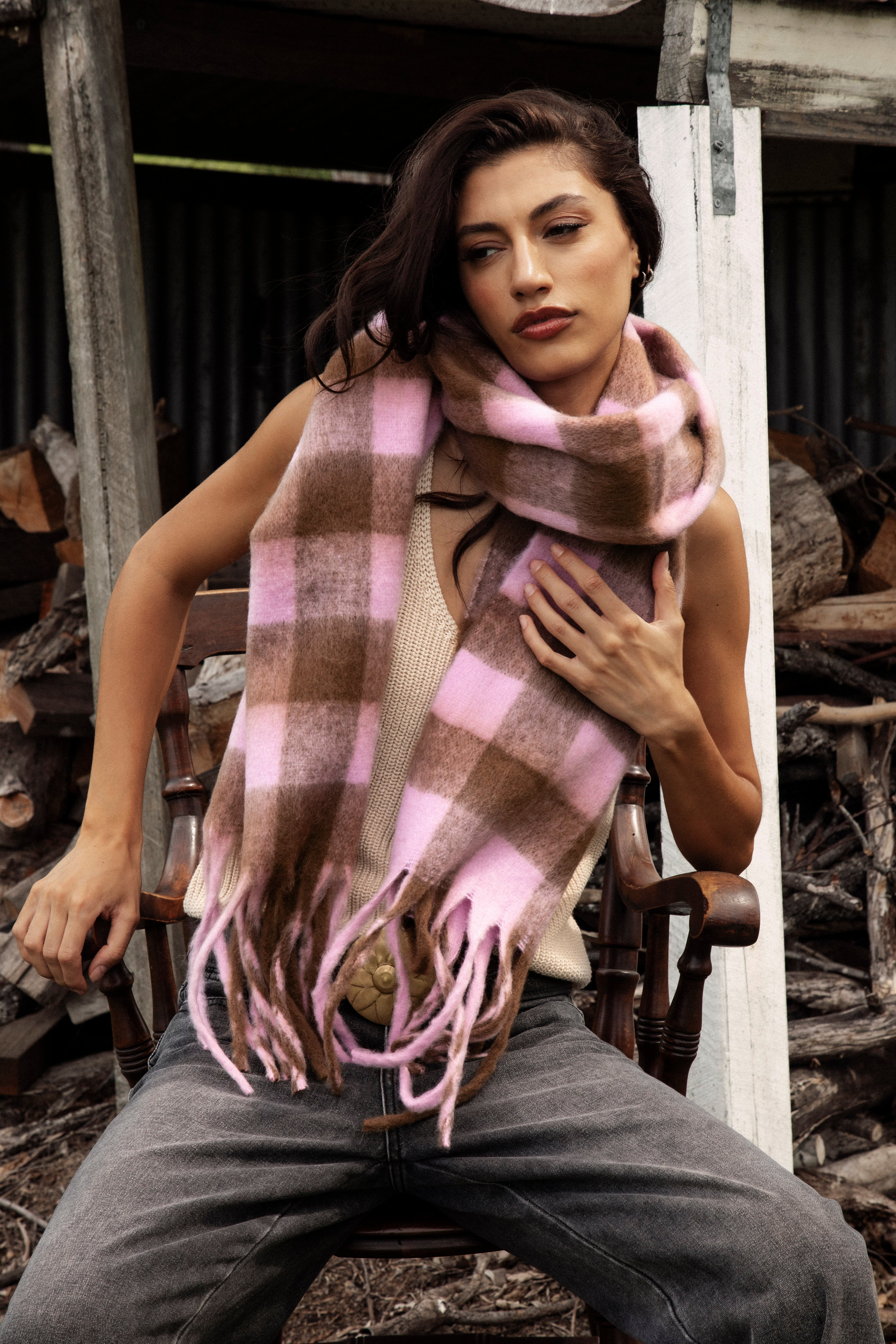 Cosy Up Scarf Taffy featuring plaid pattern in pink and brown