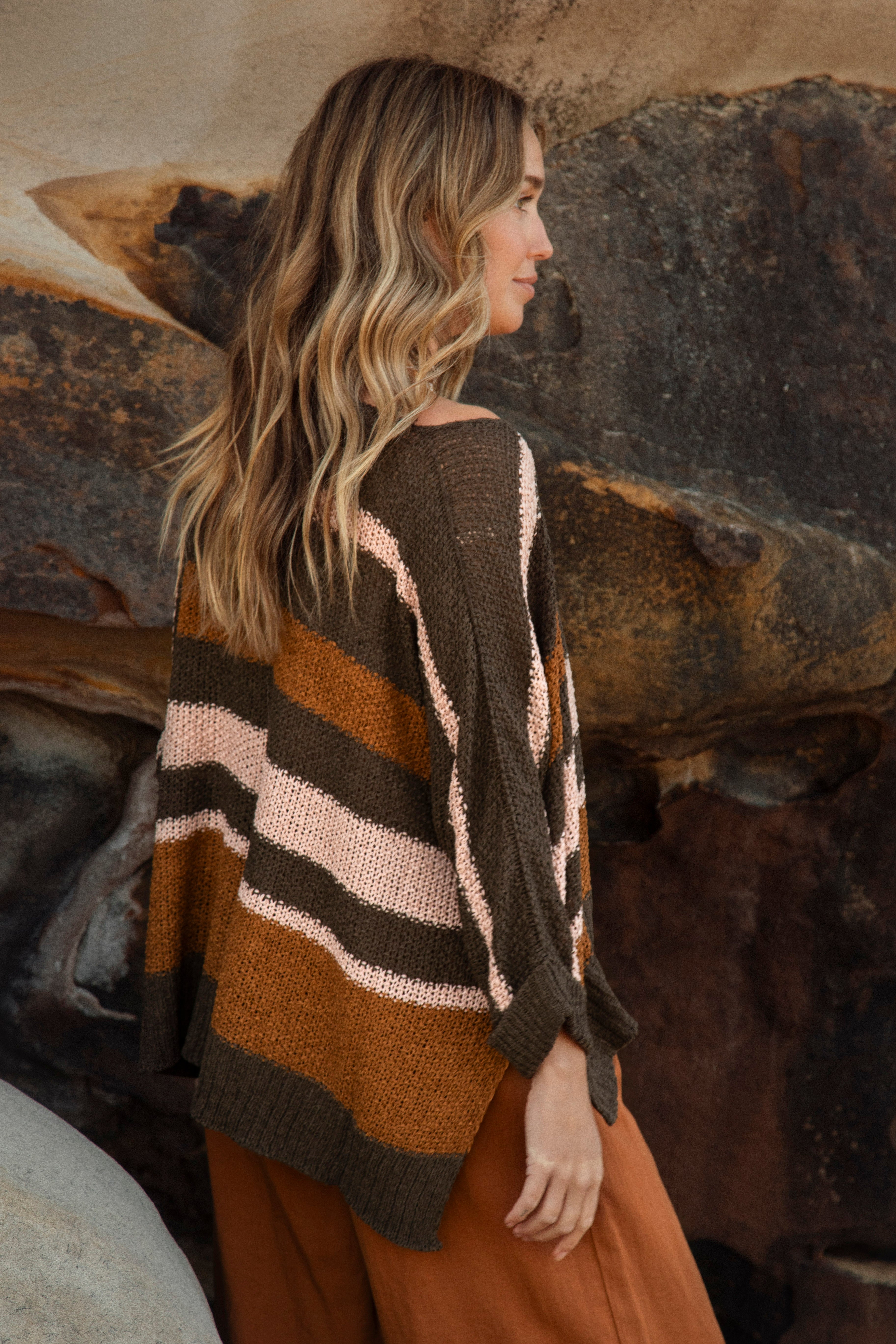 Cove Slouch Knit in Khaki Stripe pattern features a textured knit and oversized style.