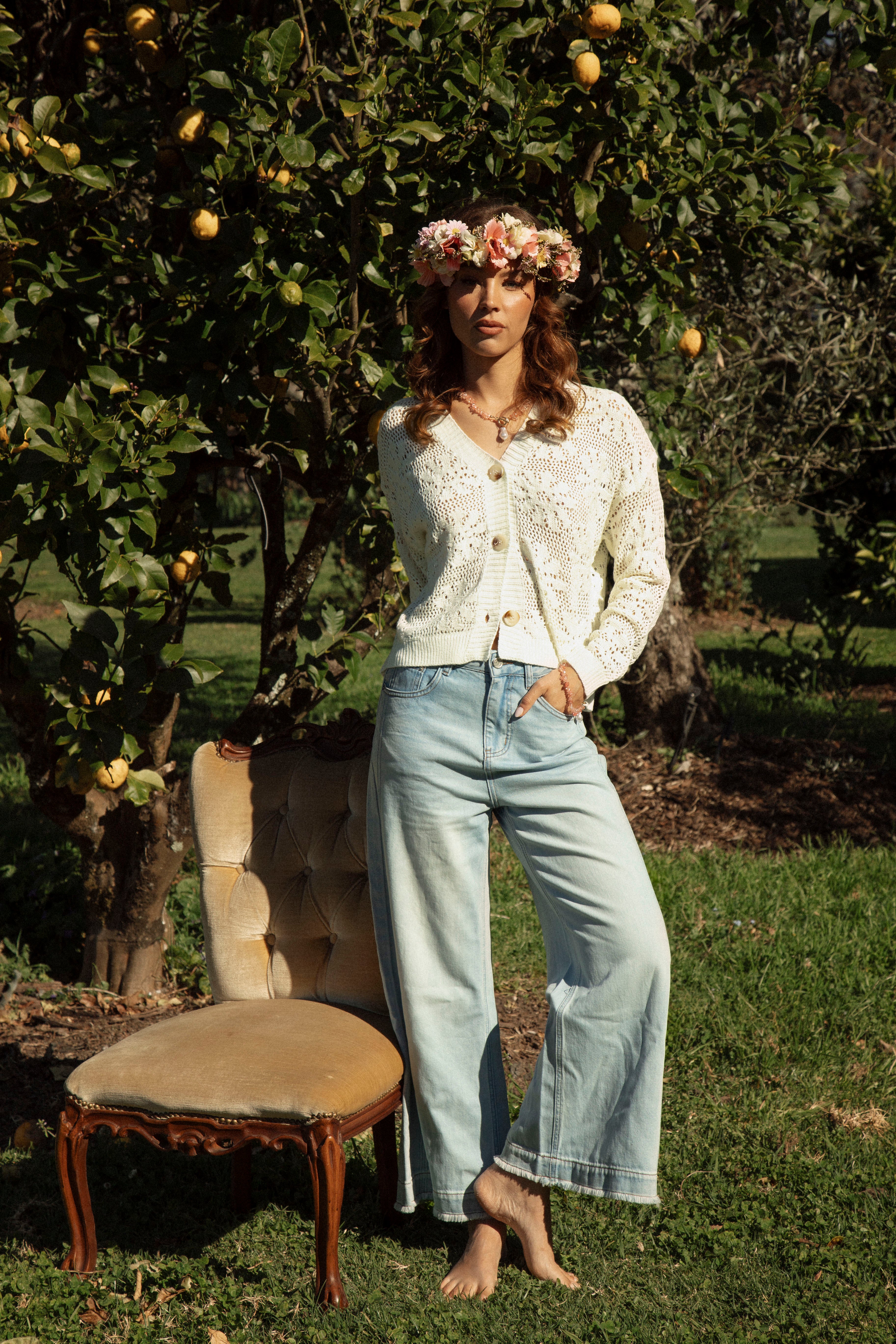 Daisy Lane Cardigan worn with Hallie Jeans