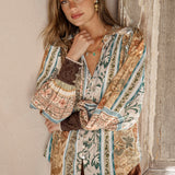 Daphne Blouse Olive features Boho vintage print in shades of brown, green and blue