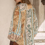 Daphne Blouse Olive - rear view showcasing Boho pattern