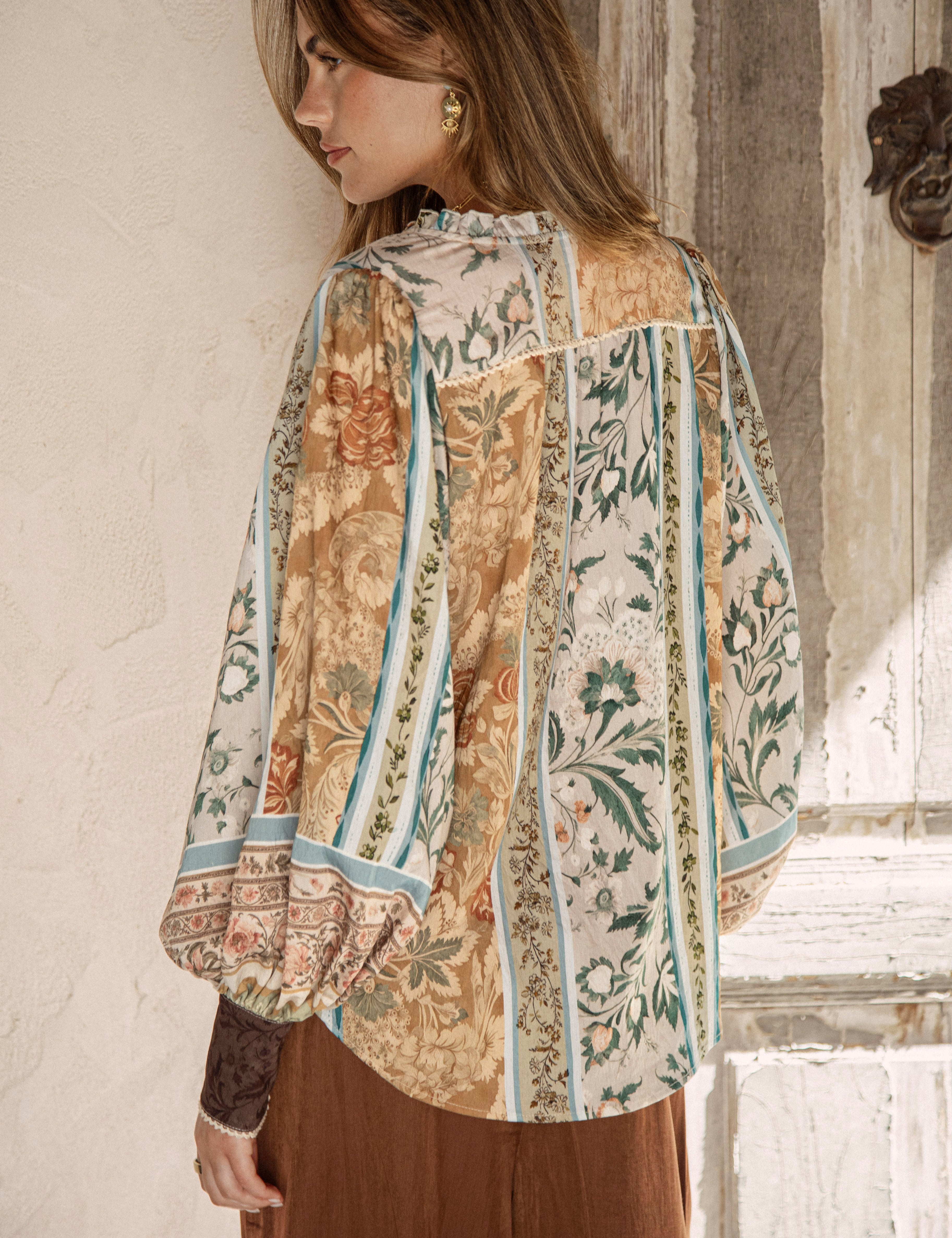 Daphne Blouse Olive - rear view showcasing Boho pattern