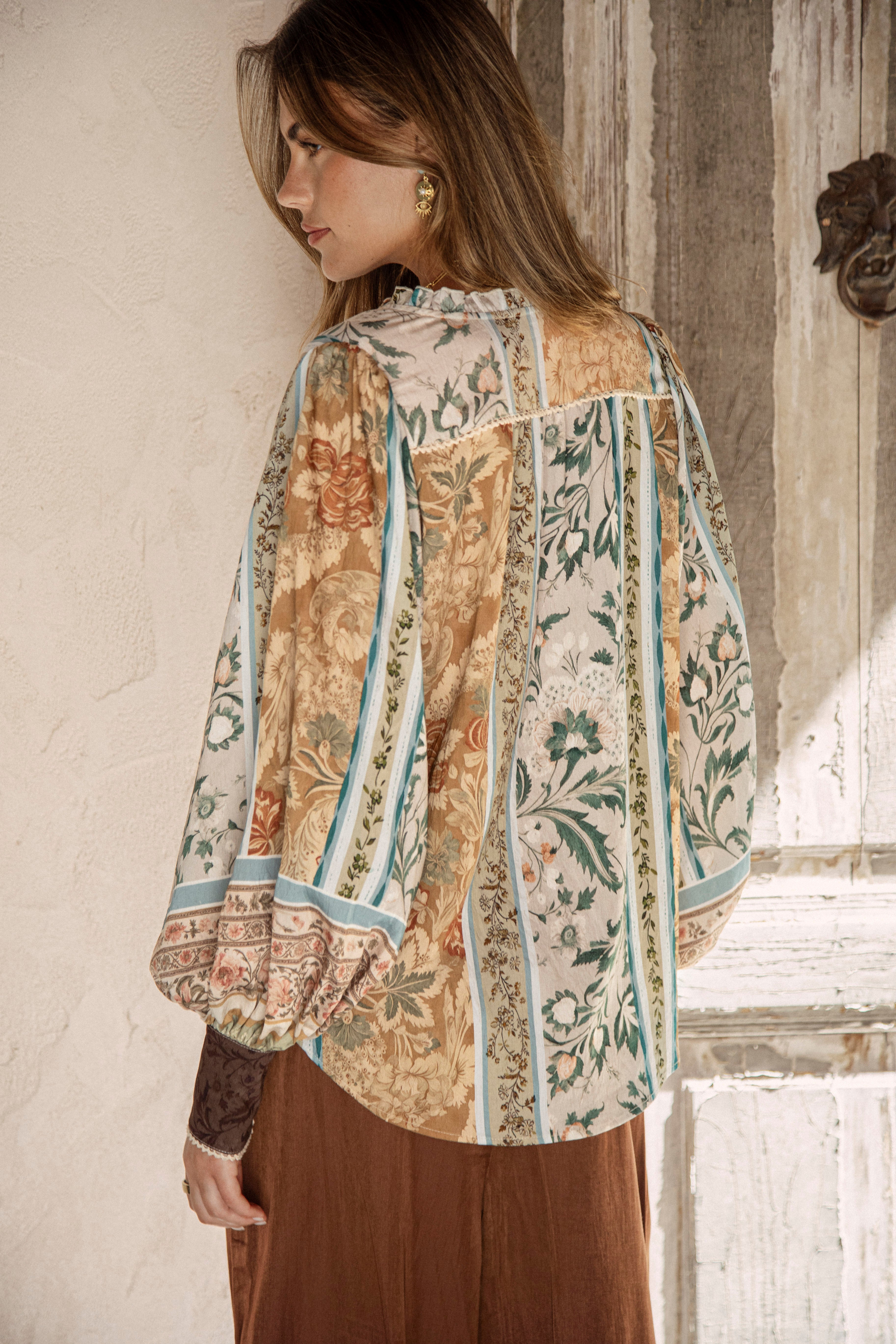 Daphne Blouse Olive - rear view showcasing Boho pattern