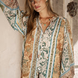 Daphne Blouse Olive - long sleeve blouse with button down style, tie at neckline and billowy sleeves with large cuff detail