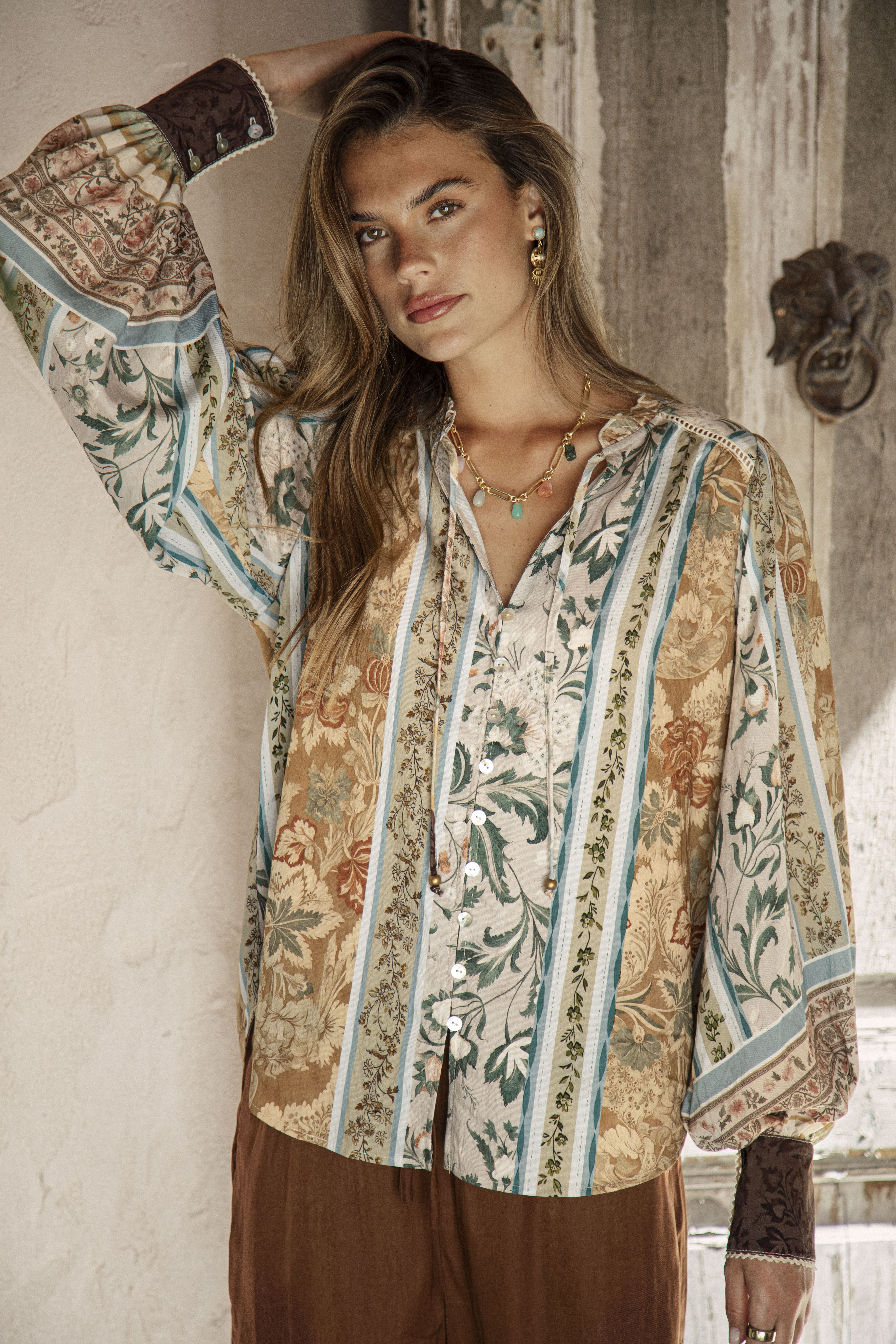 Daphne Blouse Olive - long sleeve blouse with button down style, tie at neckline and billowy sleeves with large cuff detail