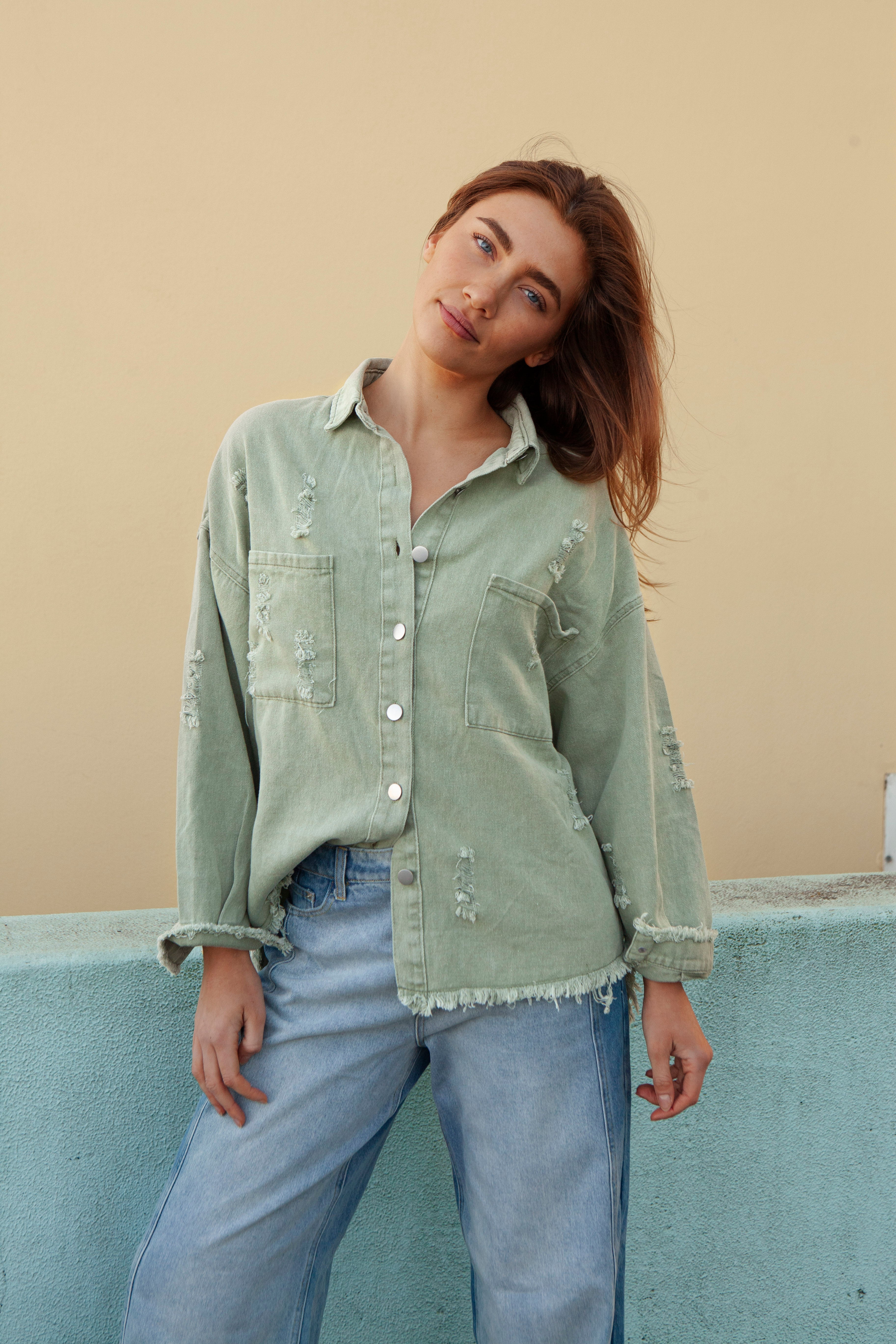 Desert Jacket Cactus - distressed denim jacket in sage green colourway