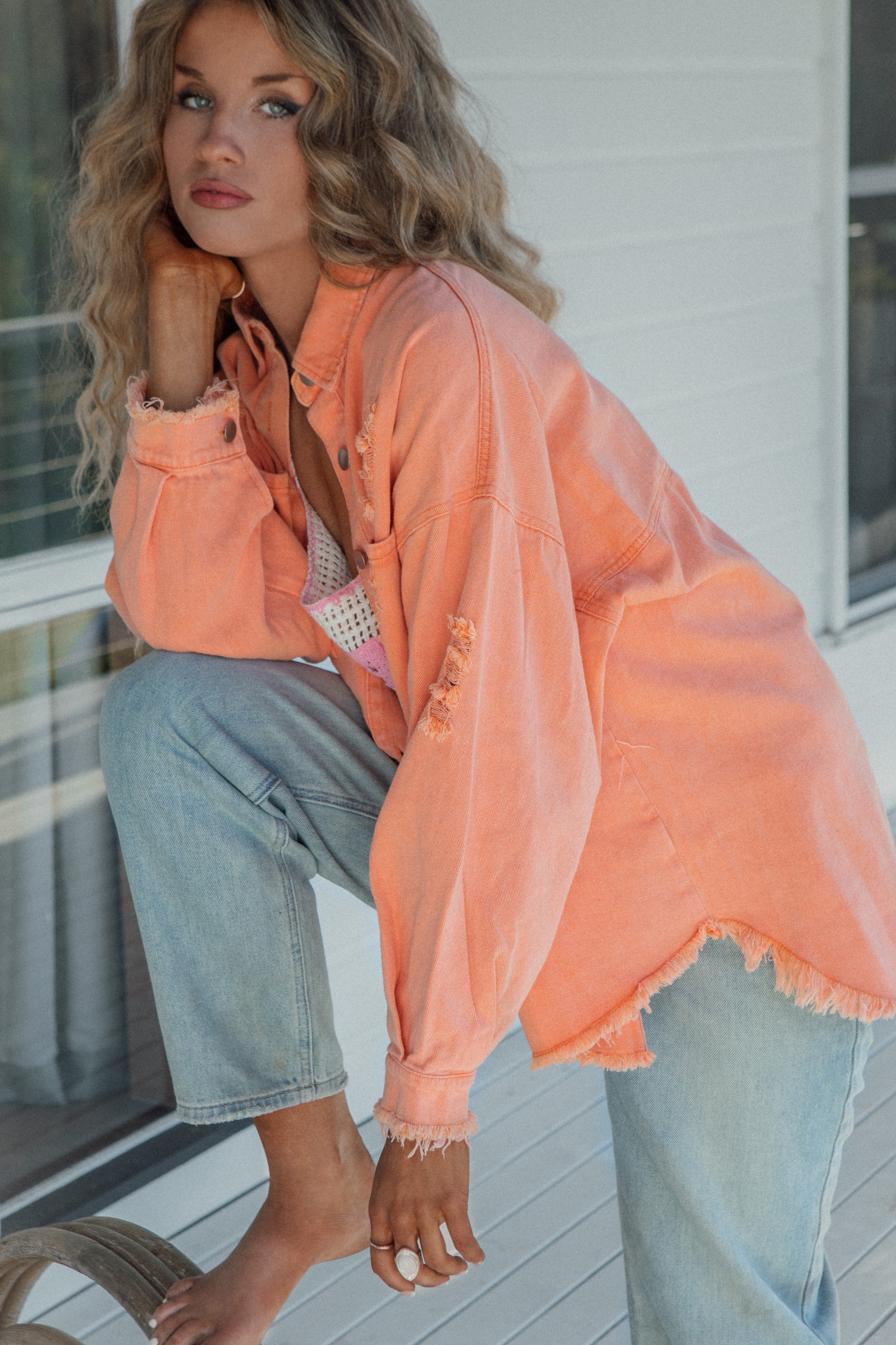 Desert Jacket Coral - edgy denim jacket with distressed detail in coral colourway