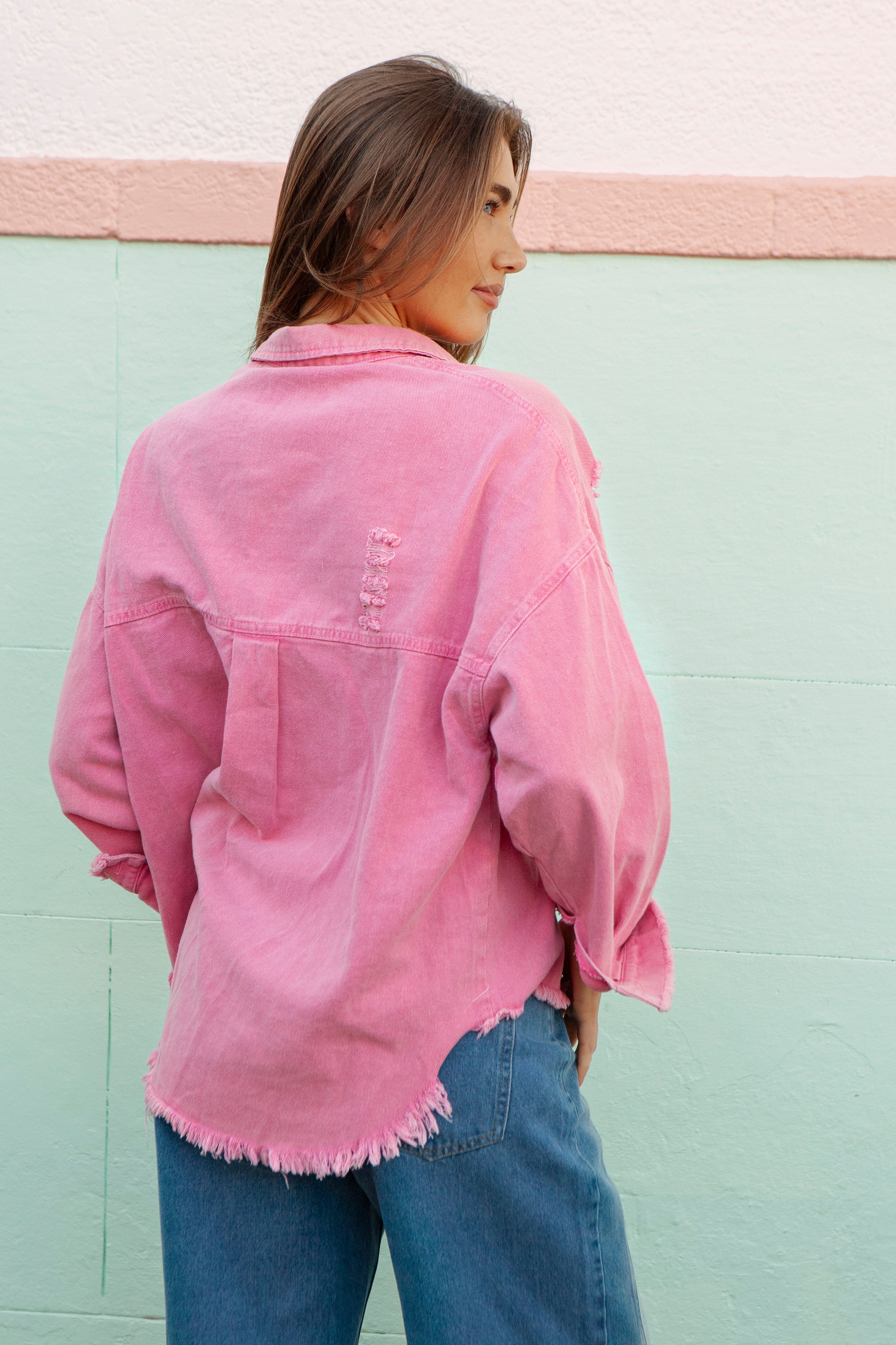 Desert Jacket Flamingo - distressed denim jacket in vibrant pink colourway