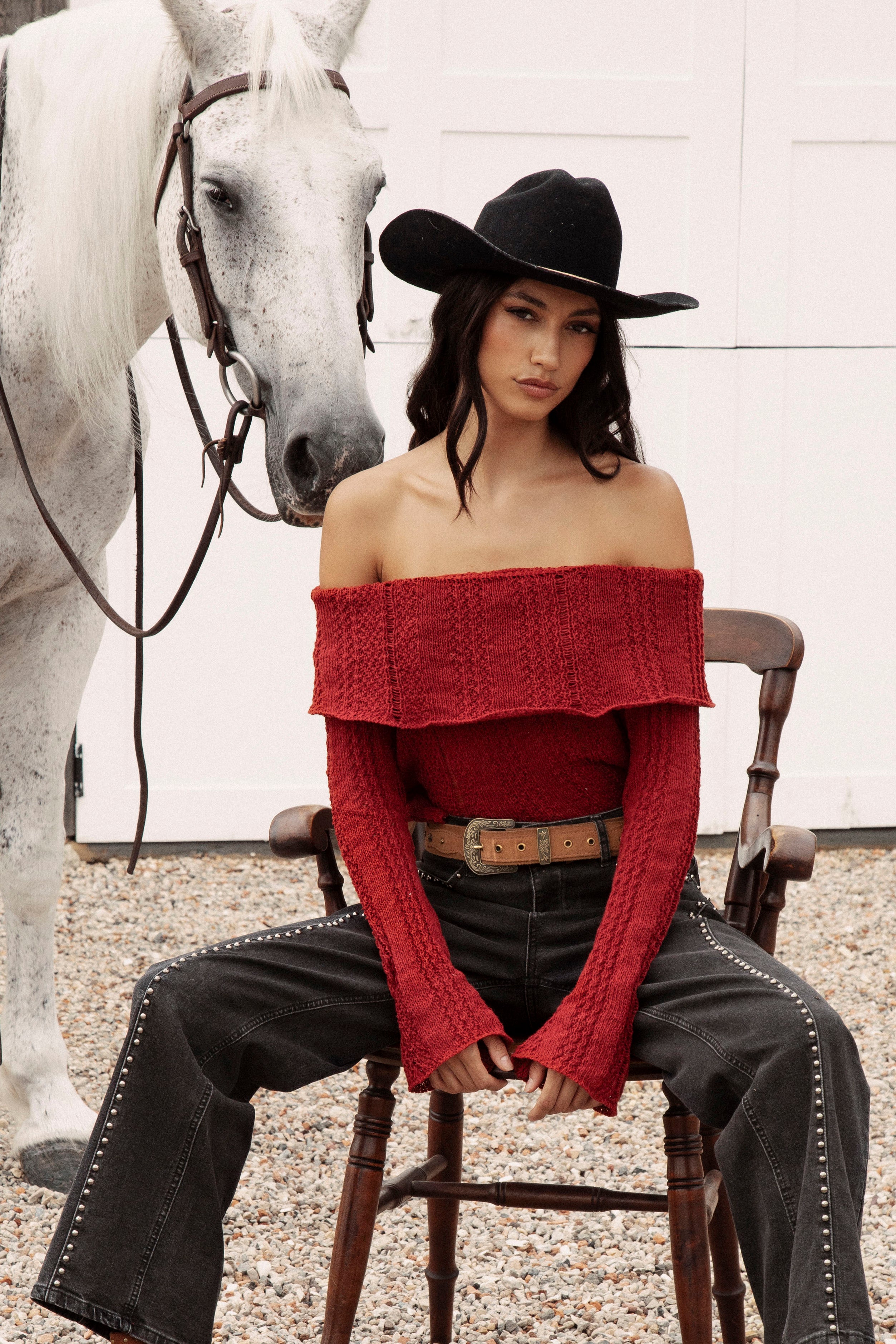 Destiny Knit Top Red is a soft off the shoulder style knit in red colourway