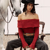 Destiny Knit Top Red is a soft off the shoulder style knit in red colourway