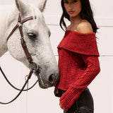Destiny Knit Top Red - side view featuring fold down neckline and soft textured knit