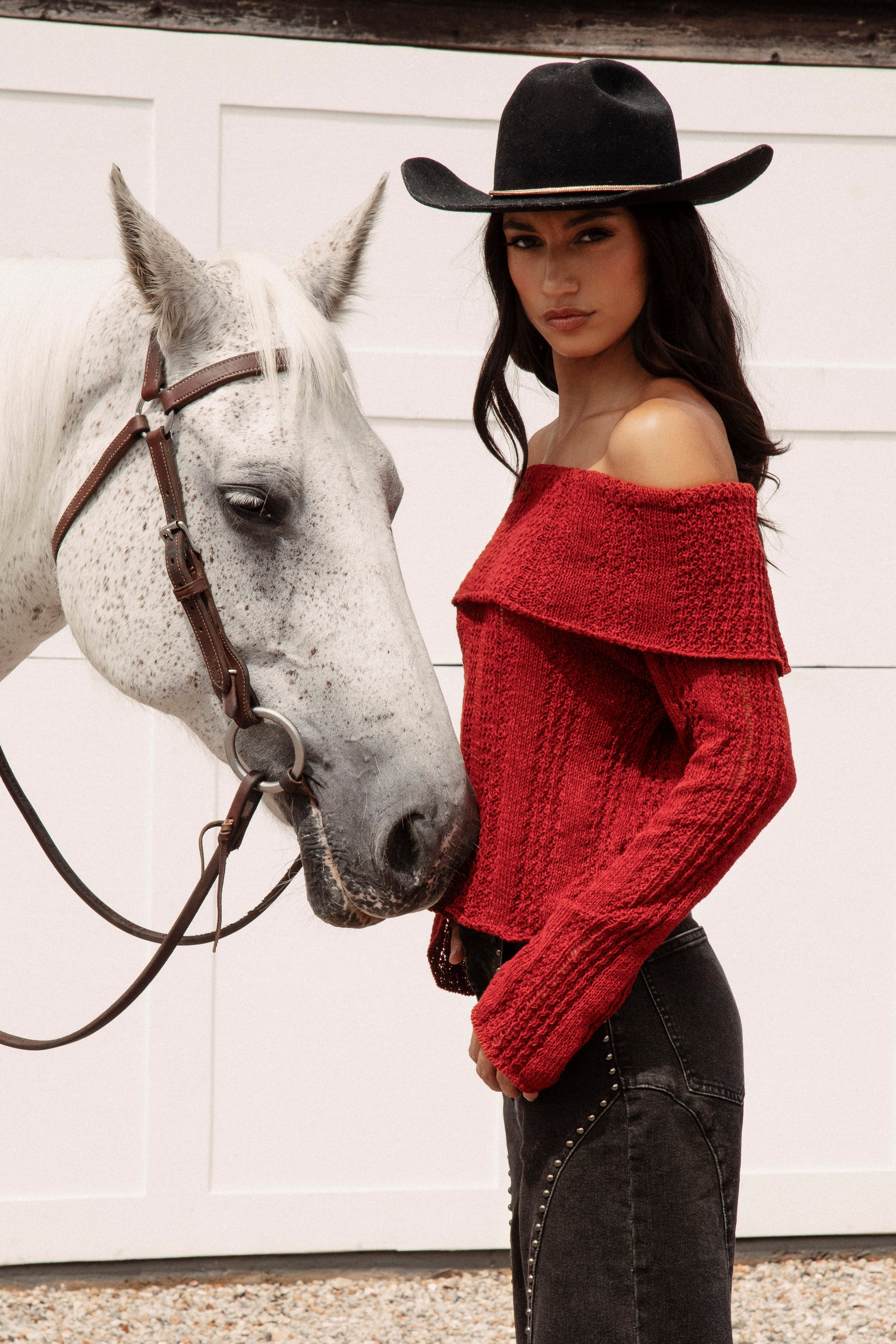 Destiny Knit Top Red - side view featuring fold down neckline and soft textured knit