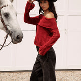 Destiny Knit Top Red featuring off the shoulder style, long sleeves and cosy fit