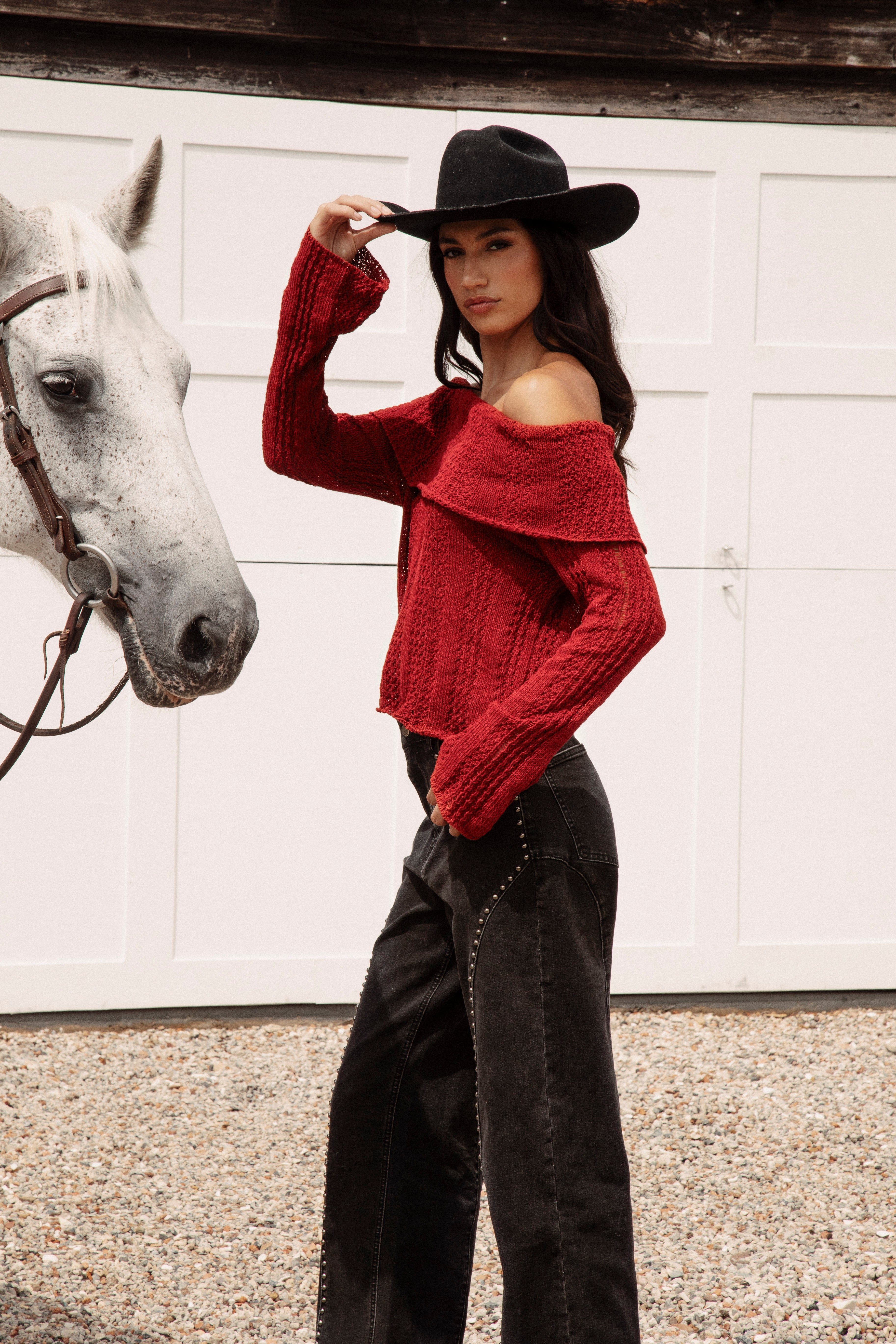 Destiny Knit Top Red featuring off the shoulder style, long sleeves and cosy fit