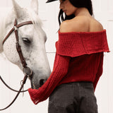 Destiny Knit Top Red - rear view showcasing fold down neckline and off the shoulder style