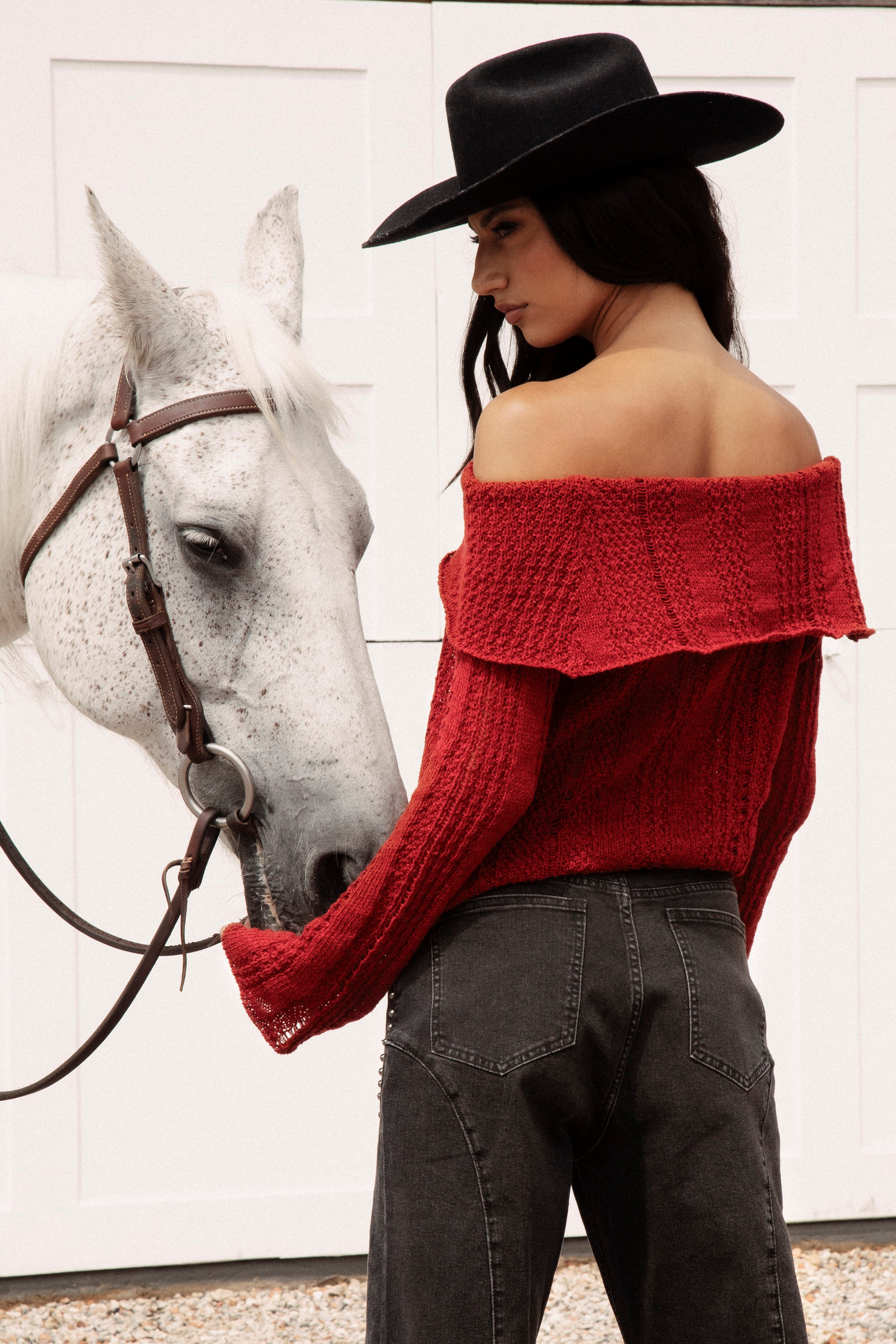 Destiny Knit Top Red - rear view showcasing fold down neckline and off the shoulder style