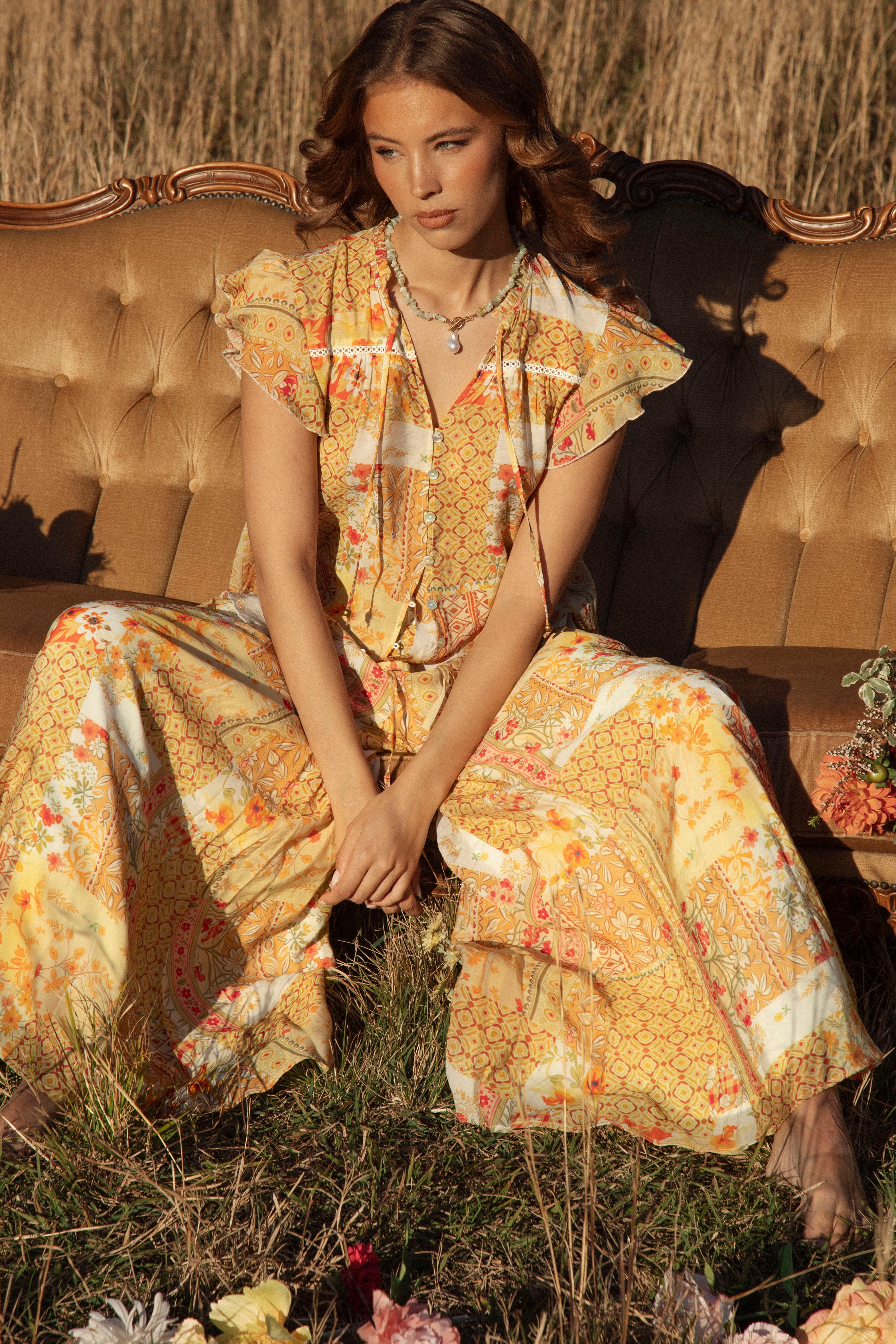 Dimity Blouse Fields of Gold - worn with matching Resort Pant.