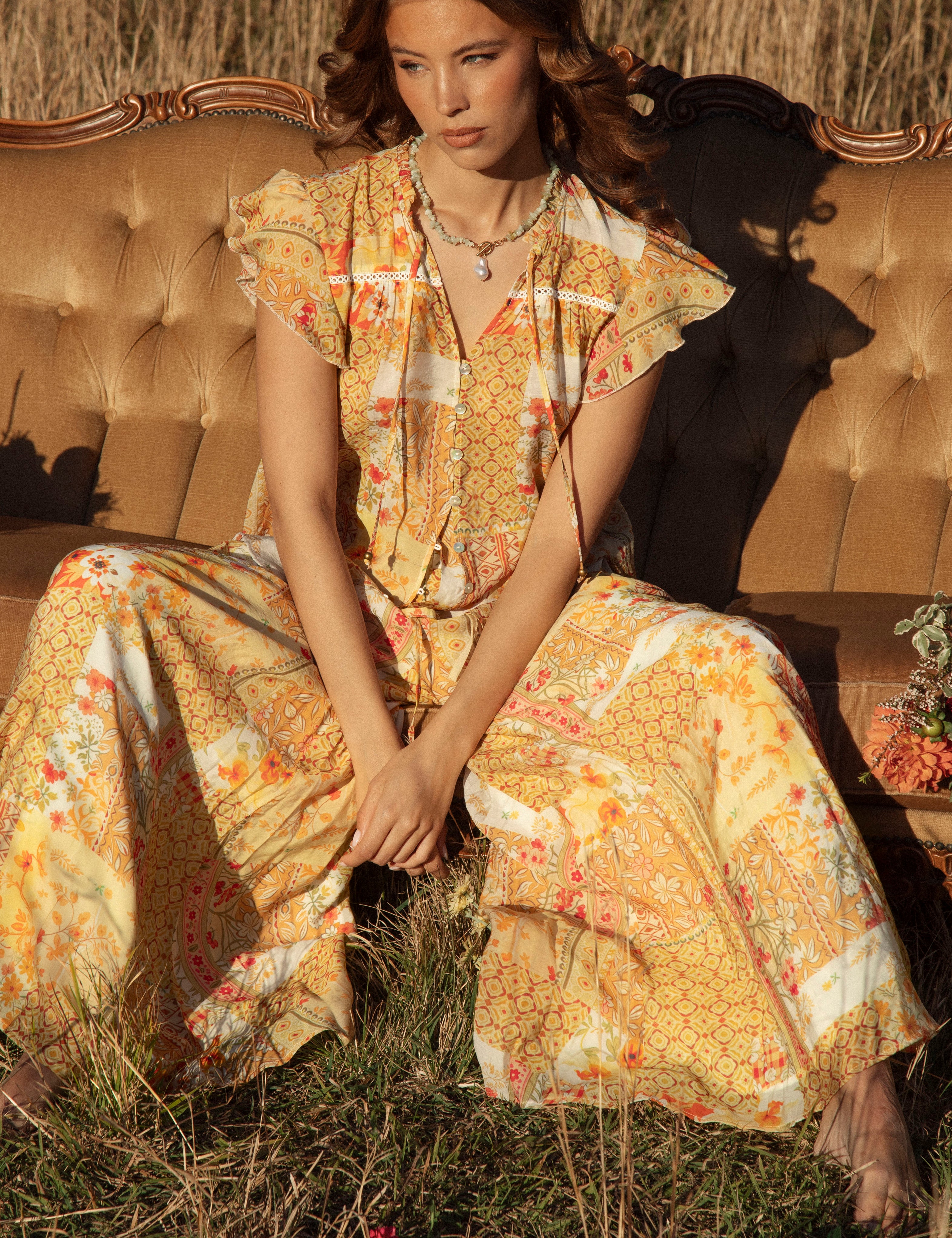 Dimity Blouse Fields of Gold - worn with matching Resort Pant.