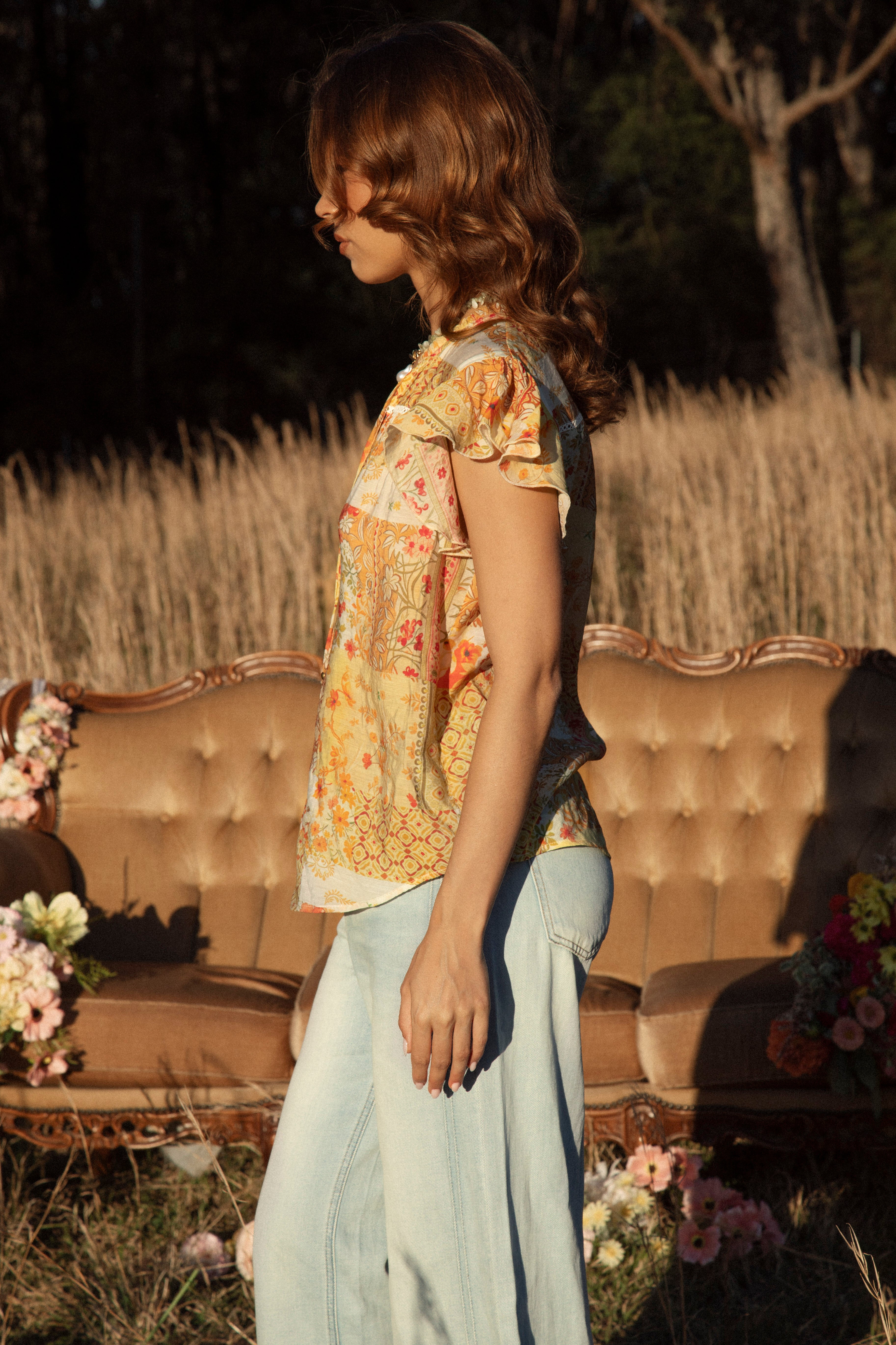 Dimity Blouse Fields of Gold - side view showcasing flutter sleeves.