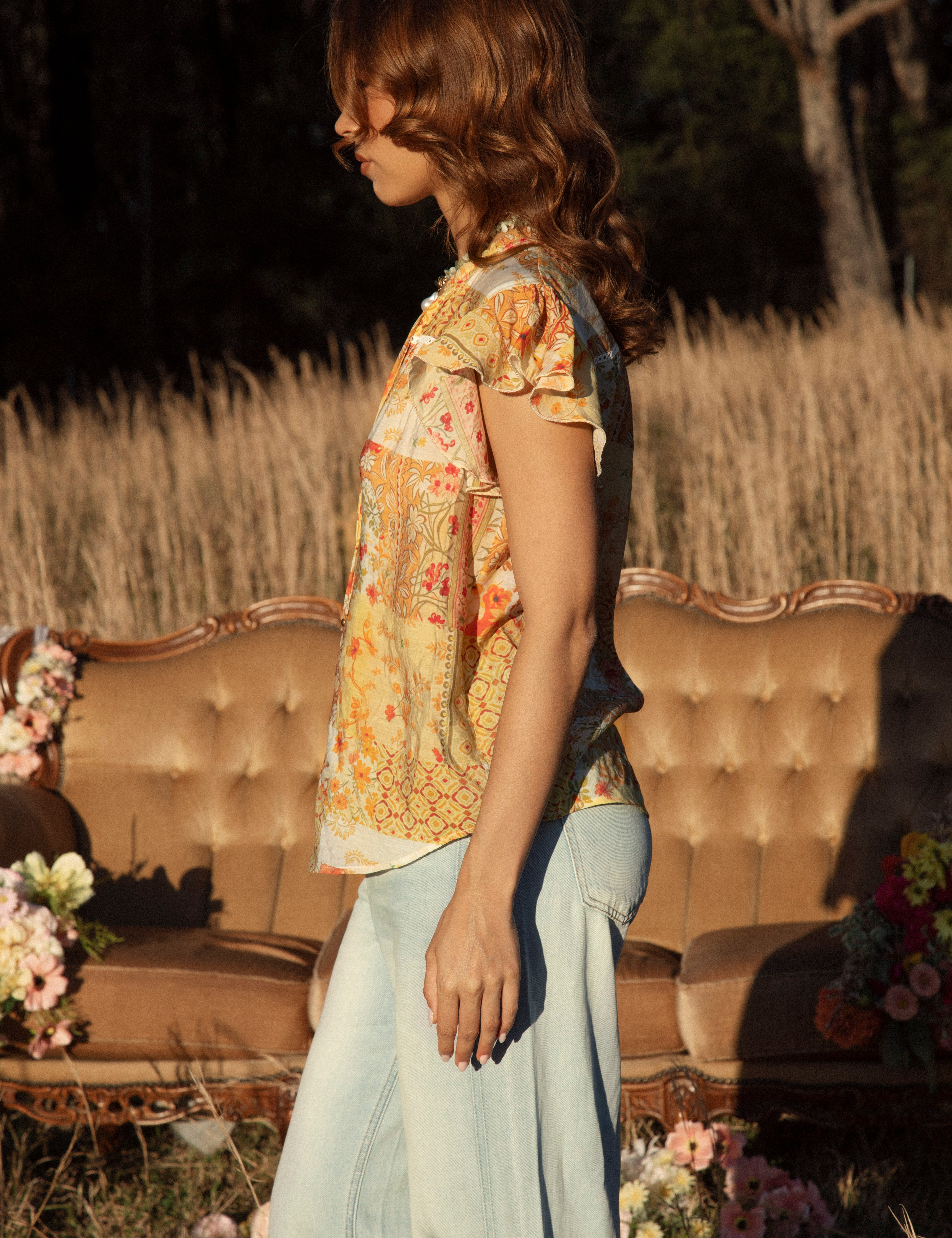 Dimity Blouse Fields of Gold - side view showcasing flutter sleeves.