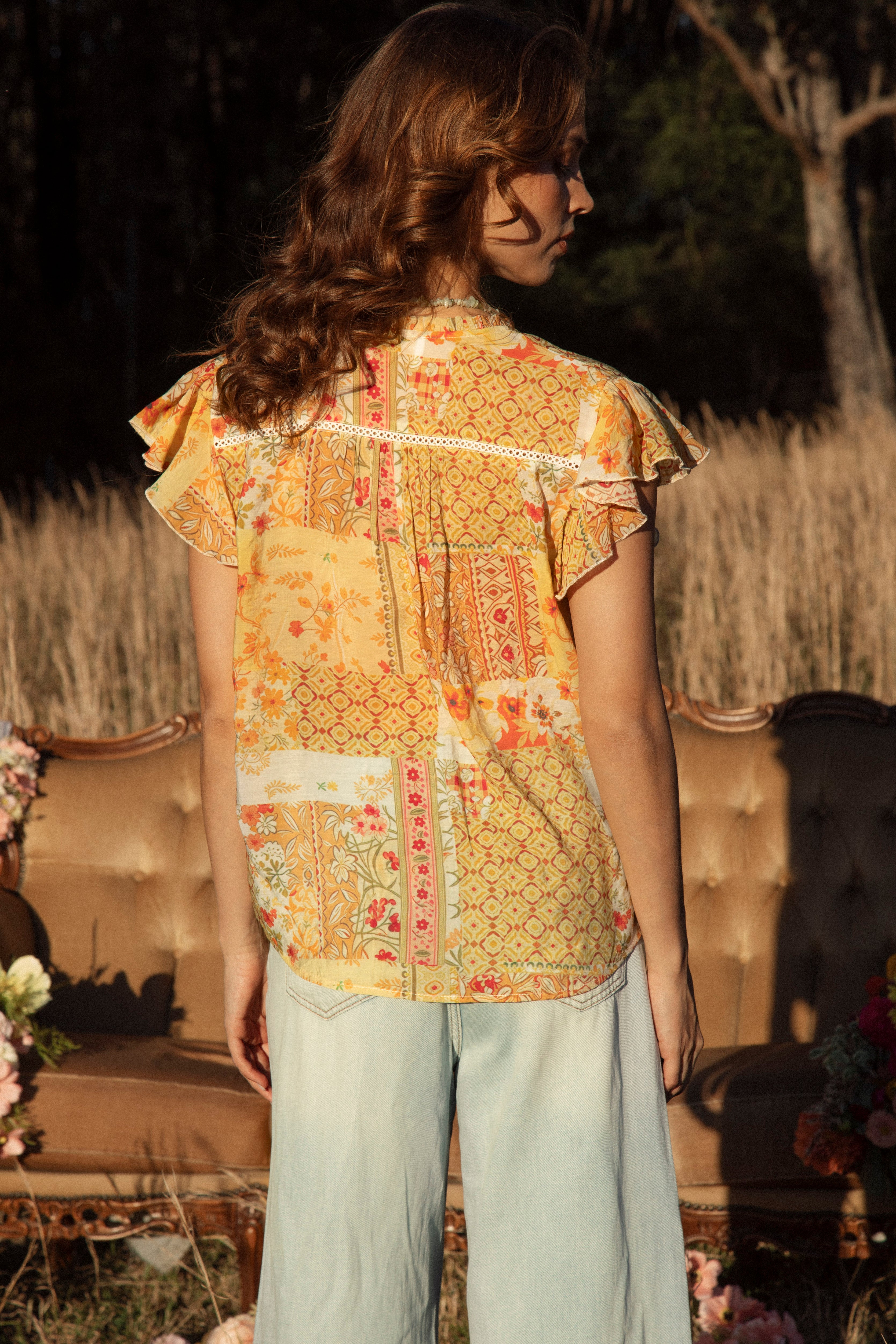 Dimity Blouse Fields of Gold - rear view showcasing lace details