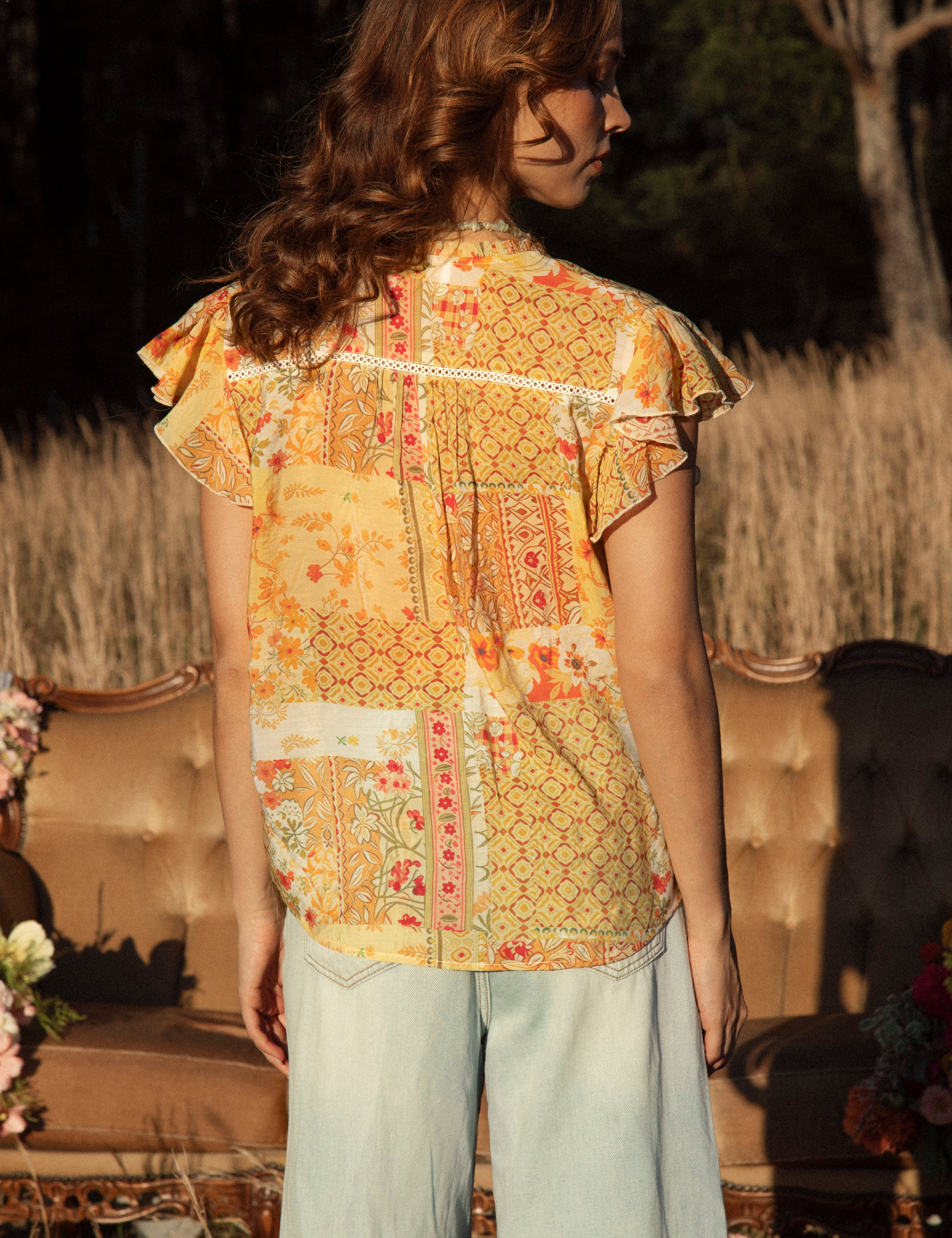 Dimity Blouse Fields of Gold - rear view showcasing lace details
