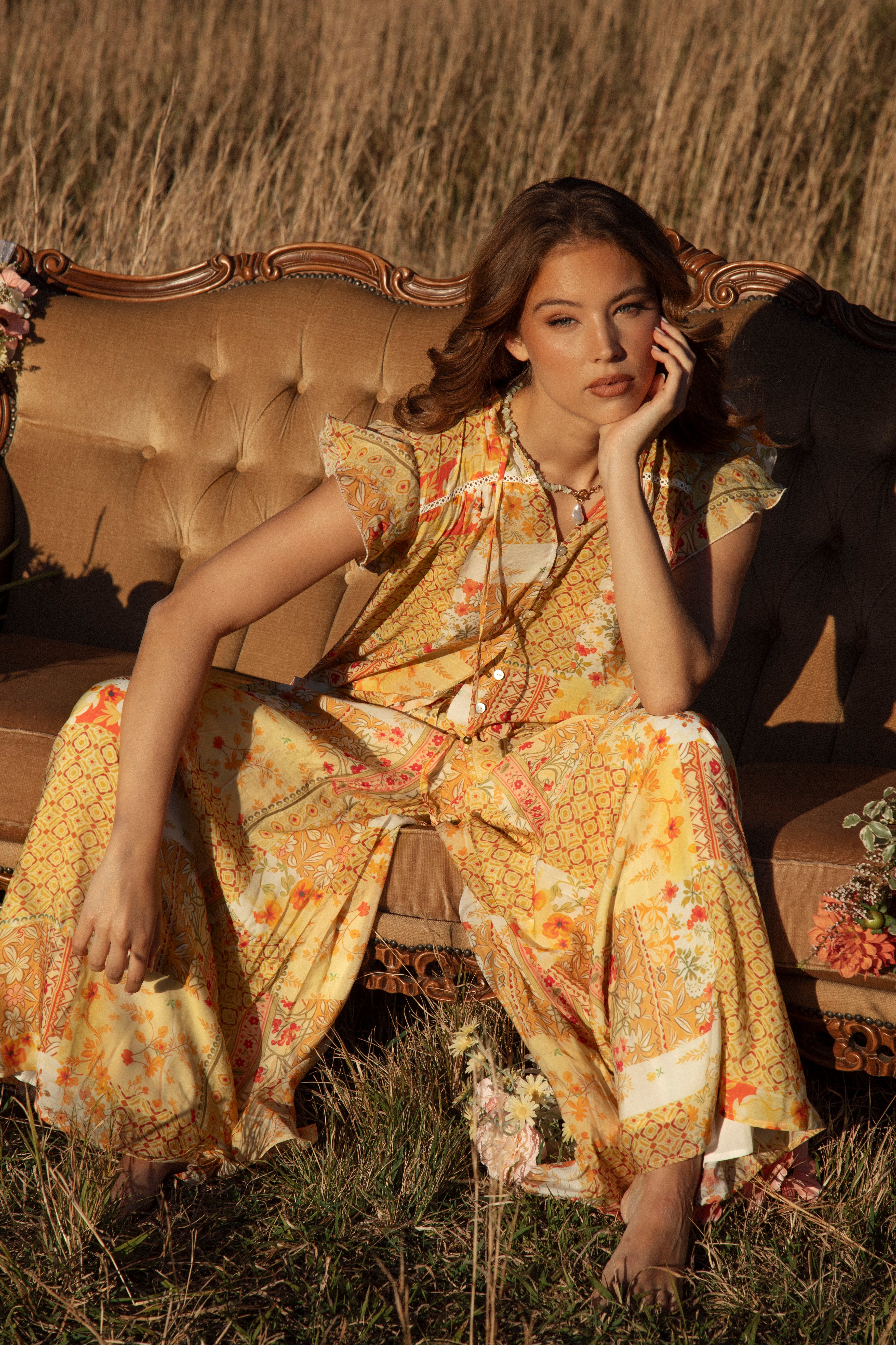 Dimity Blouse Fields of Gold - short sleeve style in vintage-inspired floral print in golden shades.