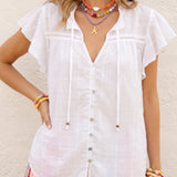 Dimity Blouse White - short sleeve light summer blouse in white colourway featuring button down style and tie closure at neck