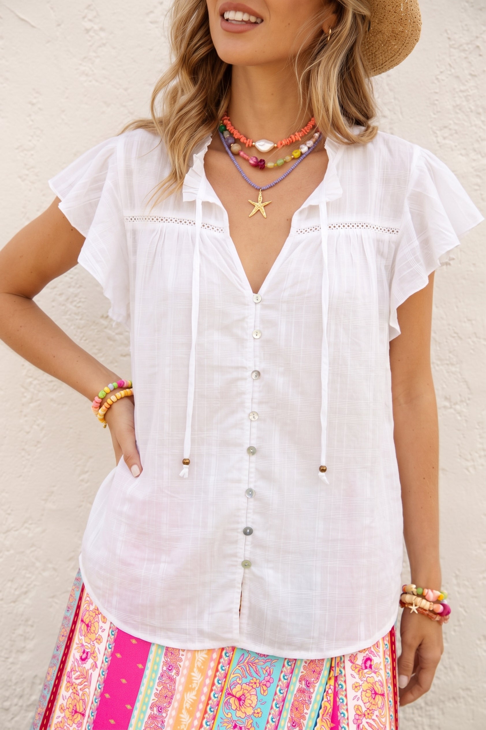 Dimity Blouse White - short sleeve light summer blouse in white colourway featuring button down style and tie closure at neck