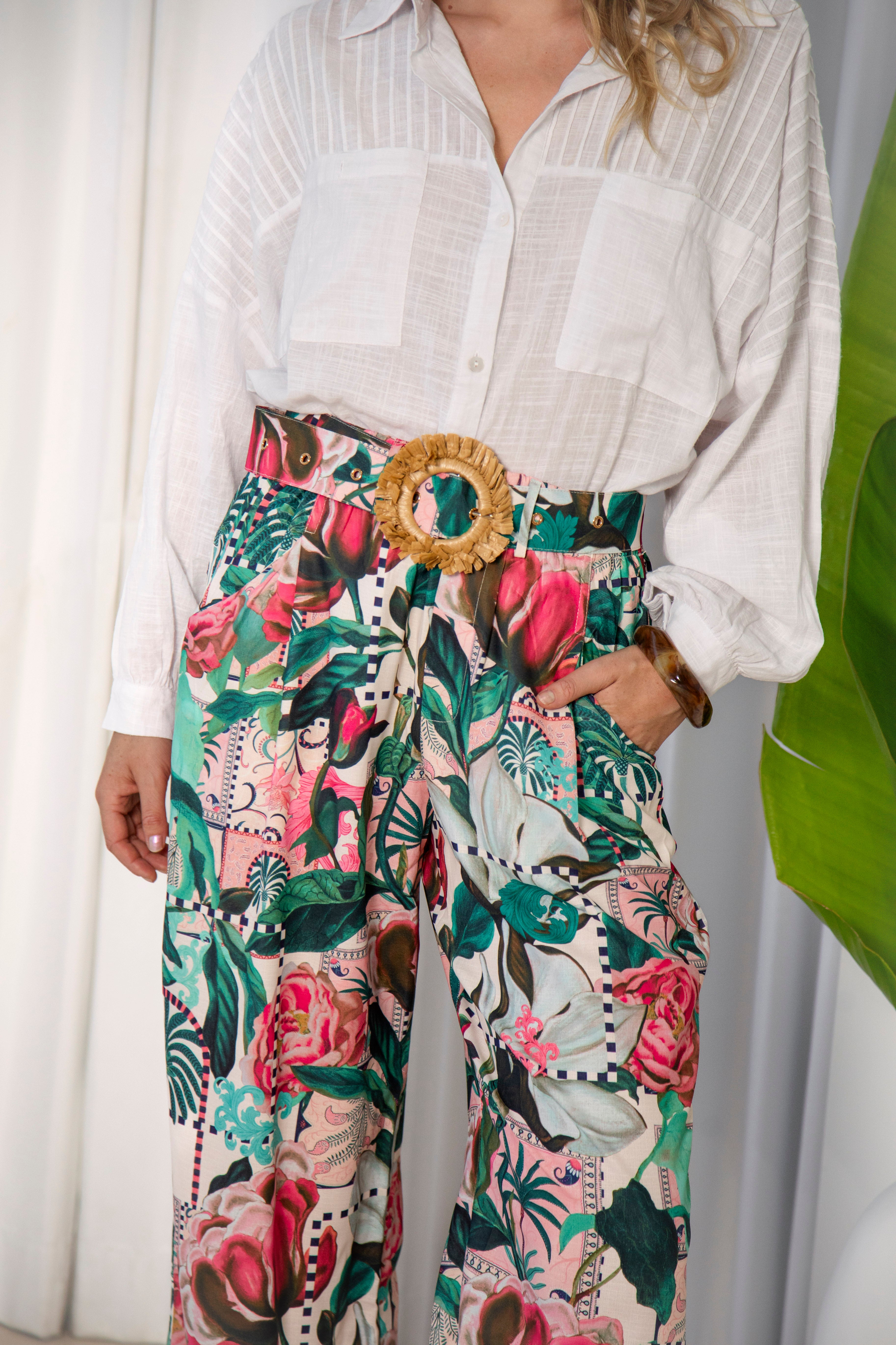 Donatella Pants are a Bohemian Pant featuring floral print and matching fabric belt